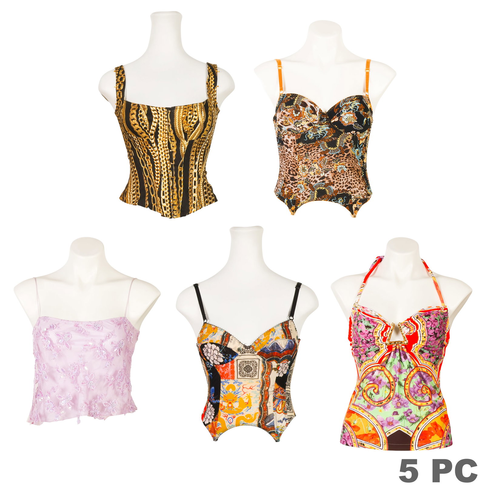 Roberto Cavalli Celine Corset Garter Tops 5pc LOT: Designer five-piece sleeveless corset top lot comprising a Celine mesh camisole, a Roberto Cavalli Spring/Summer 2003 corset top, a Roberto Cavalli halter top, a Roberto Cavalli cotton corset top, and