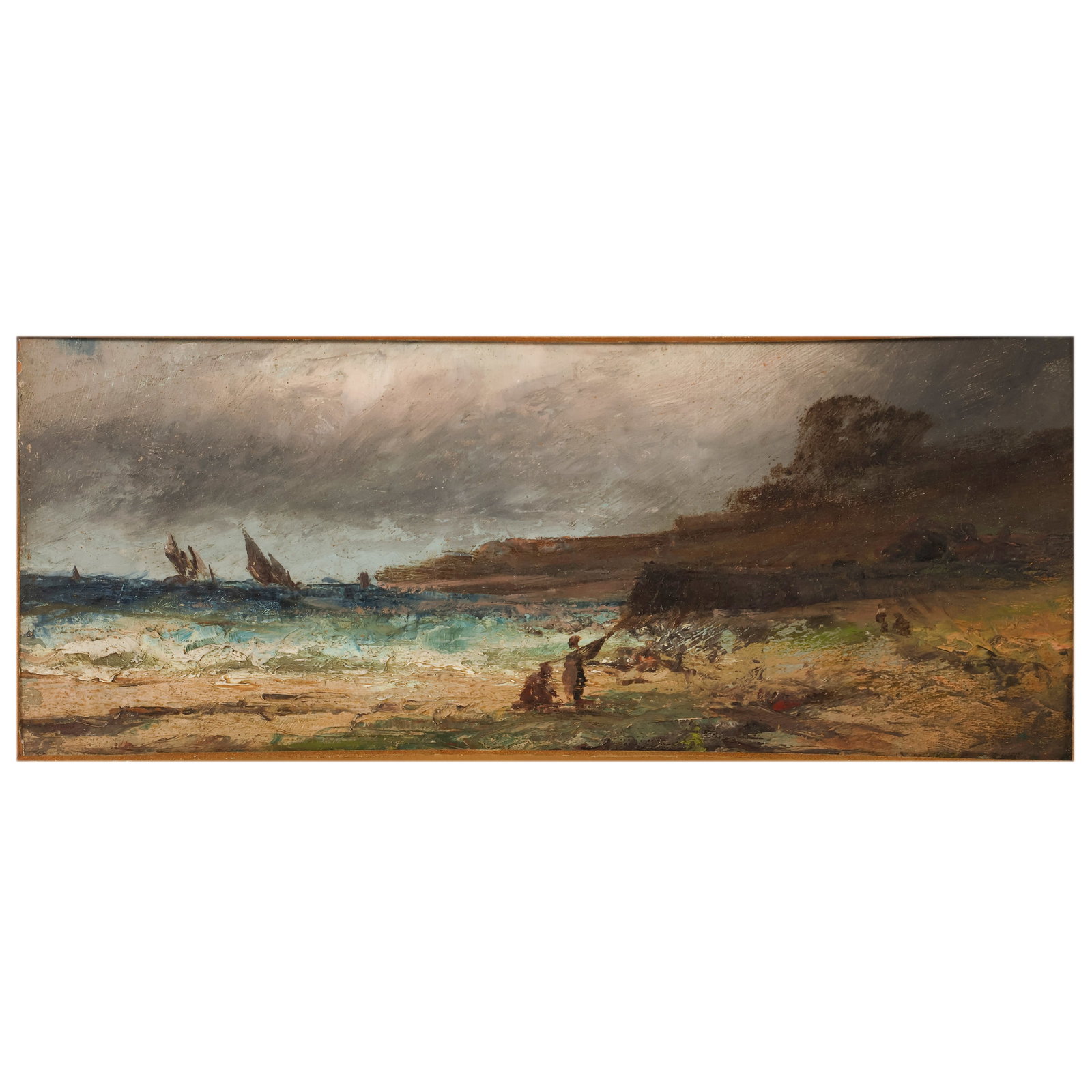 Antique Figural Boat Coastal Seascape Painting: Antique painting on paper depicting a coastal landscape with figures along a sandy shoreline, rolling waves, sailboats offshore, and dramatic overcast skies. Presented under glass in a decorative mold