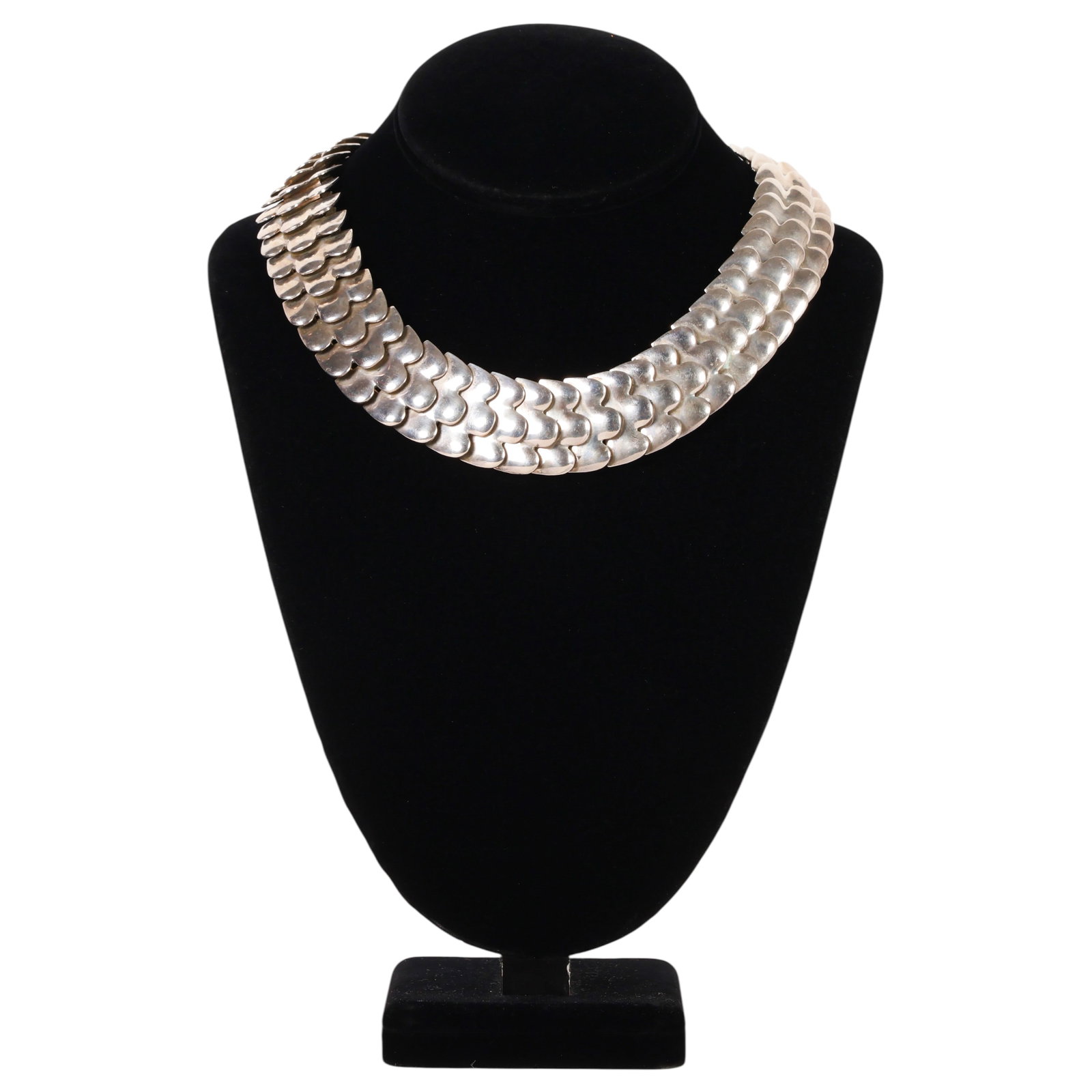 Sterling Silver Vintage Mexican Choker Necklace: Vintage Mexican sterling silver necklace featuring a heavy articulated scale-link design with a concealed box clasp and flexible graduated construction. Marked "925 Mexico TC-88." Measures approximate