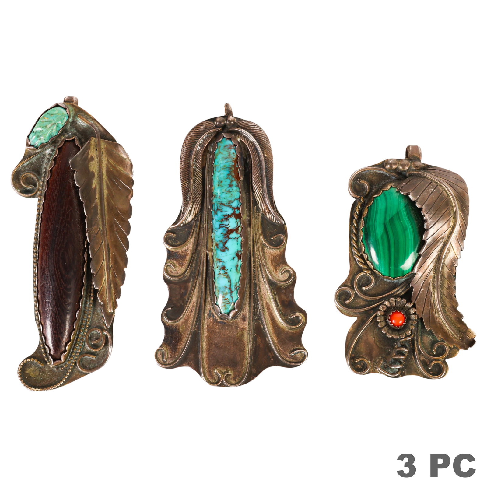Lloyd Notah 1920-2004 Sterling Navajo Pendants 3pc: Lloyd Notah (Navajo, 1920-2004), lot of three handcrafted Southwestern sterling silver pendants. One set with a natural turquoise cabochon, one featuring a polished malachite cabochon accented by a co