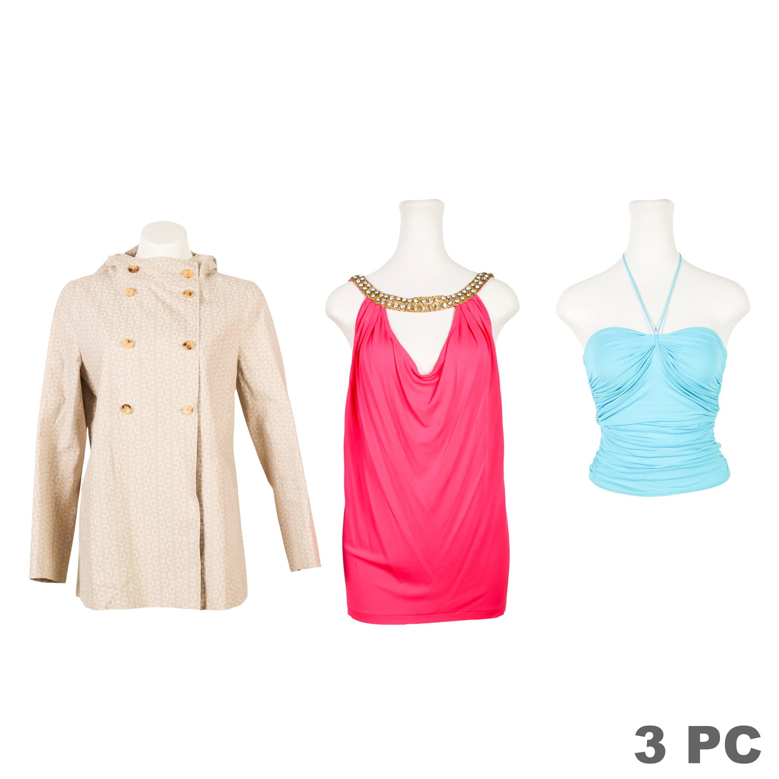 Celine French Designer Jacket & Halter Top 3pc LOT: Celine three-piece designer clothing lot comprising a double-breasted hooded jacket, a ruched halter top, and a jeweled halter dress. The jacket features beige monogram linen-blend fabric, gold-tone b