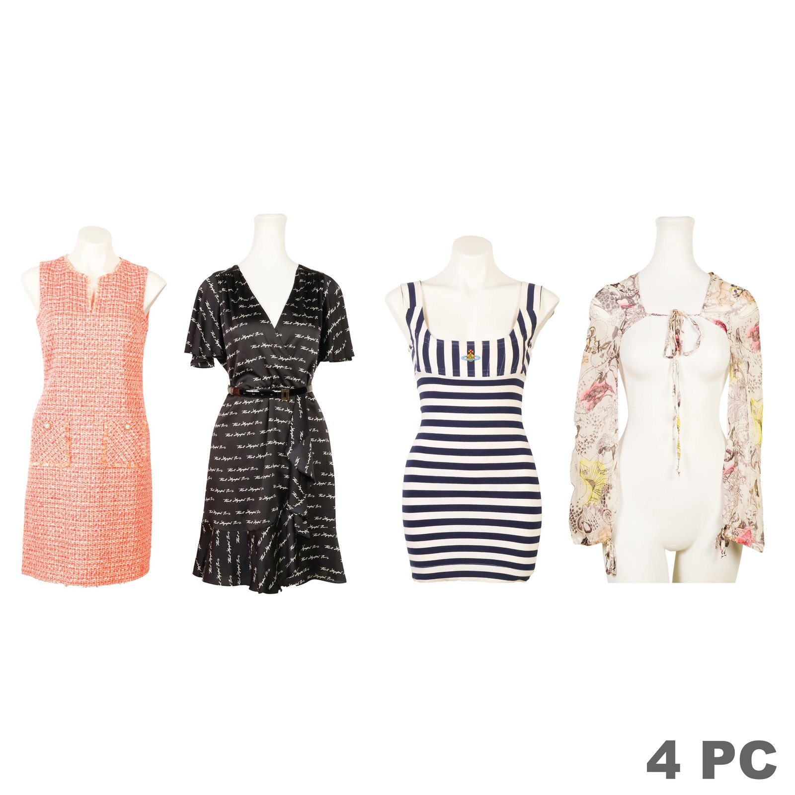 Karl Lagerfeld Chloe and Vivienne Westwood 4pc LOT: Designer four-piece clothing lot comprising a Karl Lagerfeld Paris sleeveless tweed shift dress, a Karl Lagerfeld Paris black wrap dress, a Chloe sheer silk blouse, and a Vivienne Westwood cotton cors
