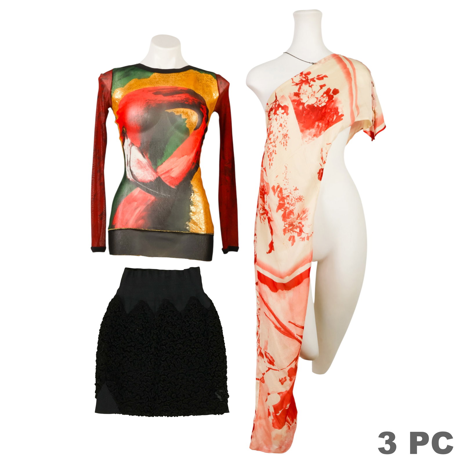 Jean Paul Gaultier Designer Skirt and Tops 3pc LOT: Jean Paul Gaultier three-piece vintage designer clothing lot comprising a black textured mini skirt, a Jean Paul Gaultier Femme off-the-shoulder silk blouse, and a Jean Paul Gaultier Maille flamingo p