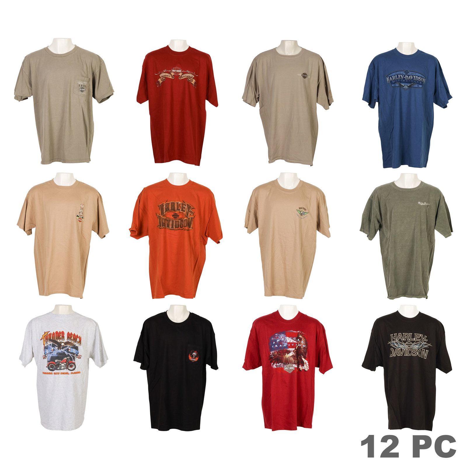 Harley Davidson Authentic Mens T Shirts 11pc LOT: Estate lot of 11 authentic Harley-Davidson shirts and one extra bonus Thunder Beach shirt. The Harley-Davidson shirts are official merchandise in a mix of XL and XXL sizes. The bonus Thunder Beach shi