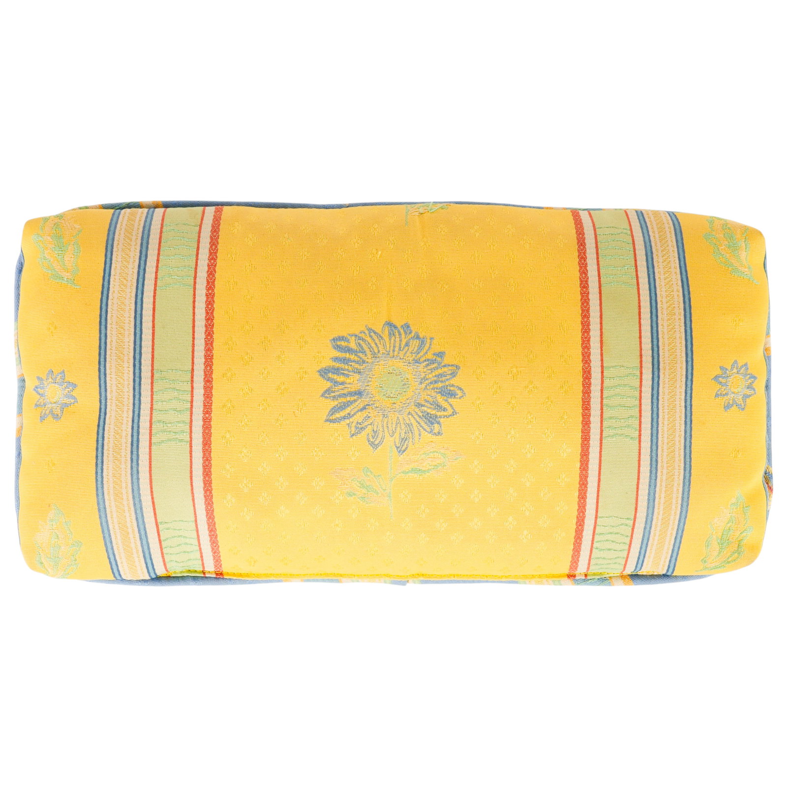 Luxury Silk Blue and Yellow Sunflower Neck Pillow: Rectangular neck pillow upholstered in woven jacquard silk fabric, one side in yellow and the other in blue, featuring sunflower motifs with coordinating striped borders. Designed for travel or decora