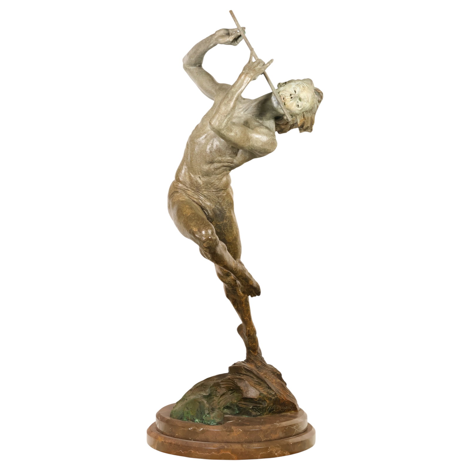 Richard MacDonald b.1946 Bronze Flutist Sculpture: Richard MacDonald (American, born 1946), The Flutist, limited edition bronze sculpture depicting a semi-nude male figure playing a flute in a dynamic dancing pose while balancing on one foot atop a ro