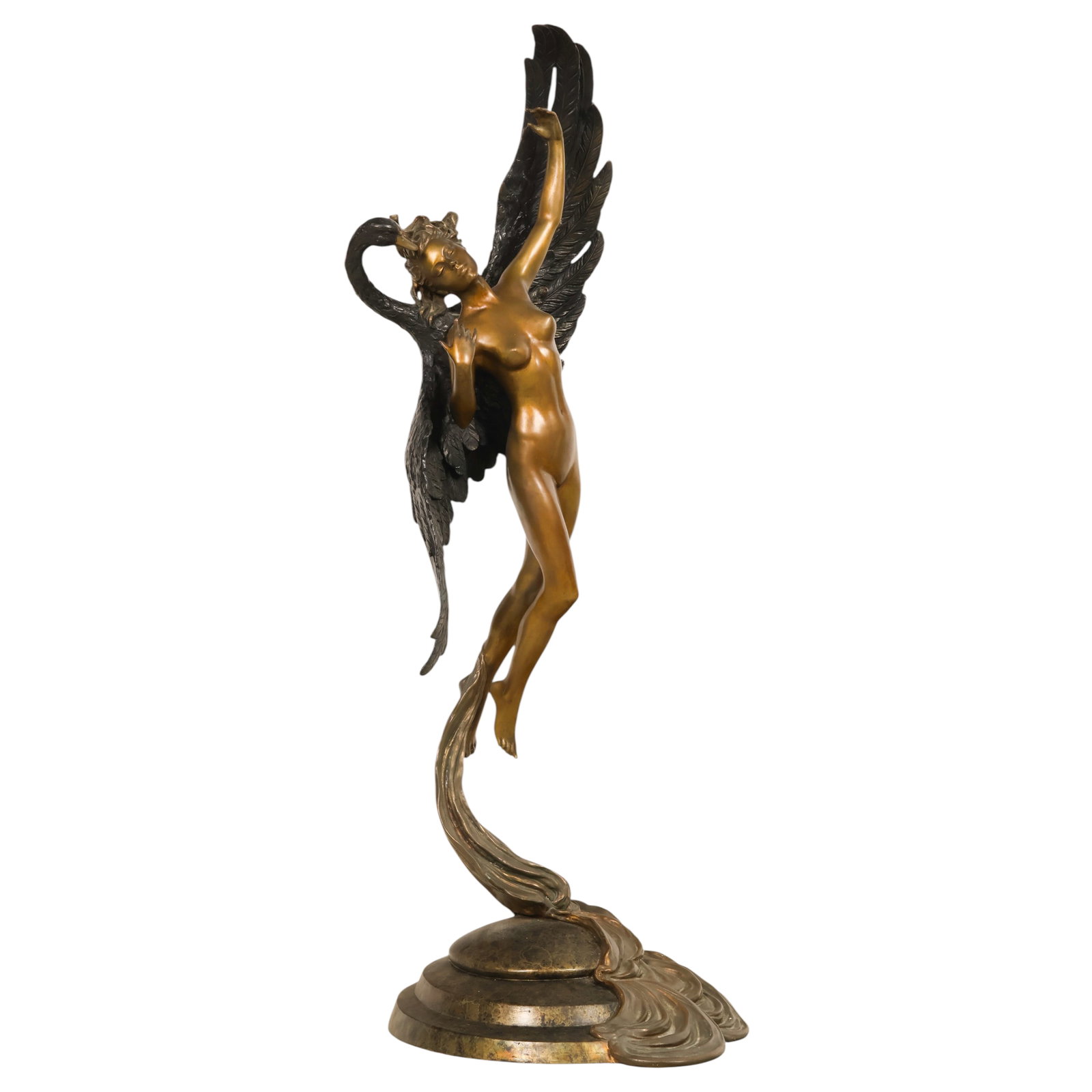 Ira Bruce Reines b.1957 Bronze Swan Lady Sculpture: Ira Bruce Reines (American, born 1957), Leda and the Swan, limited edition bronze sculpture depicting a nude female figure emerging from the sweeping form of a swan with expansive wings, mounted on an