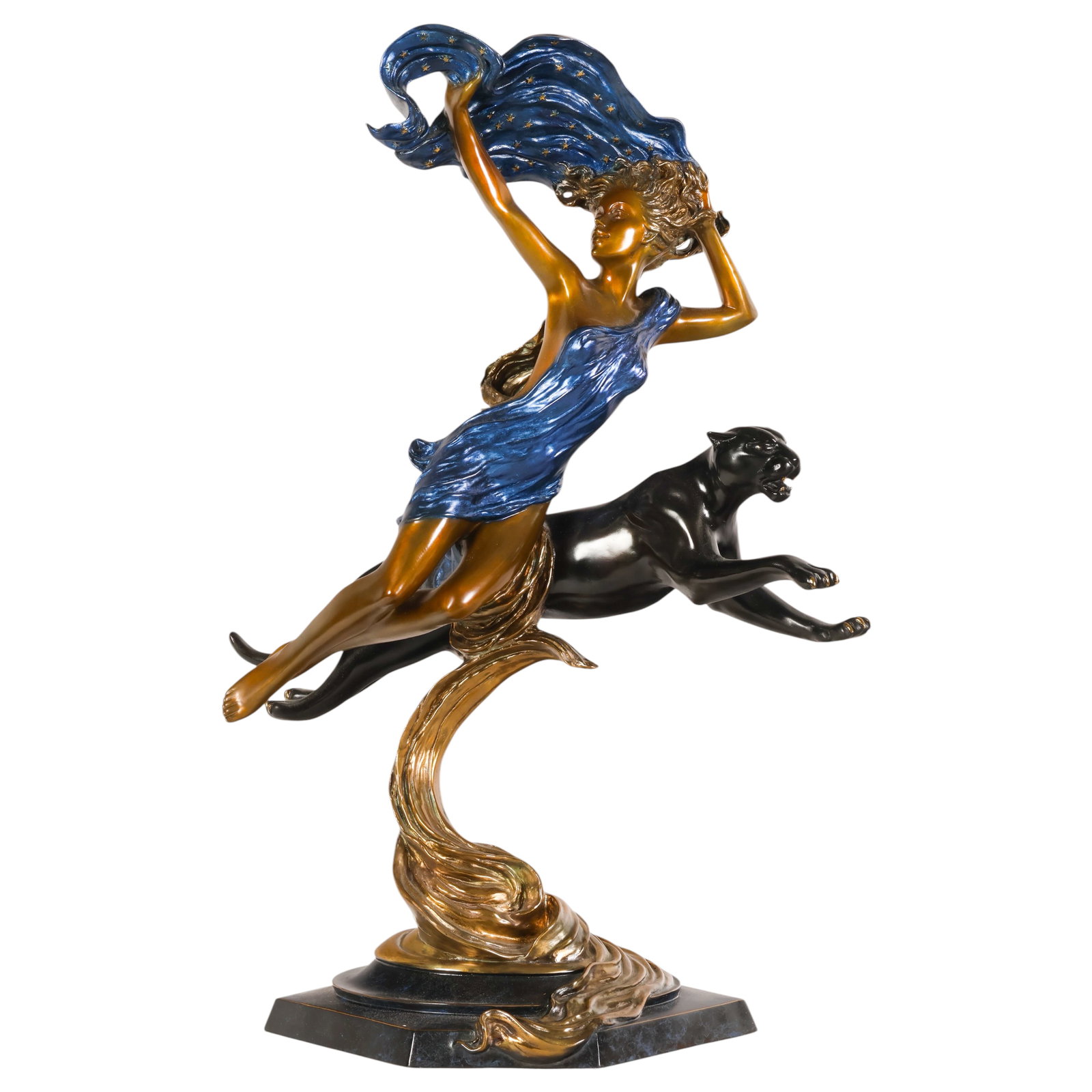 Ira Bruce Reines b.1957 Lady and Leopard Sculpture: Ira Bruce Reines (American, born 1957), Art Deco-inspired cold-painted bronze sculpture depicting an elegant female figure draped in flowing blue garments with a sweeping star-studded mantle, accompan