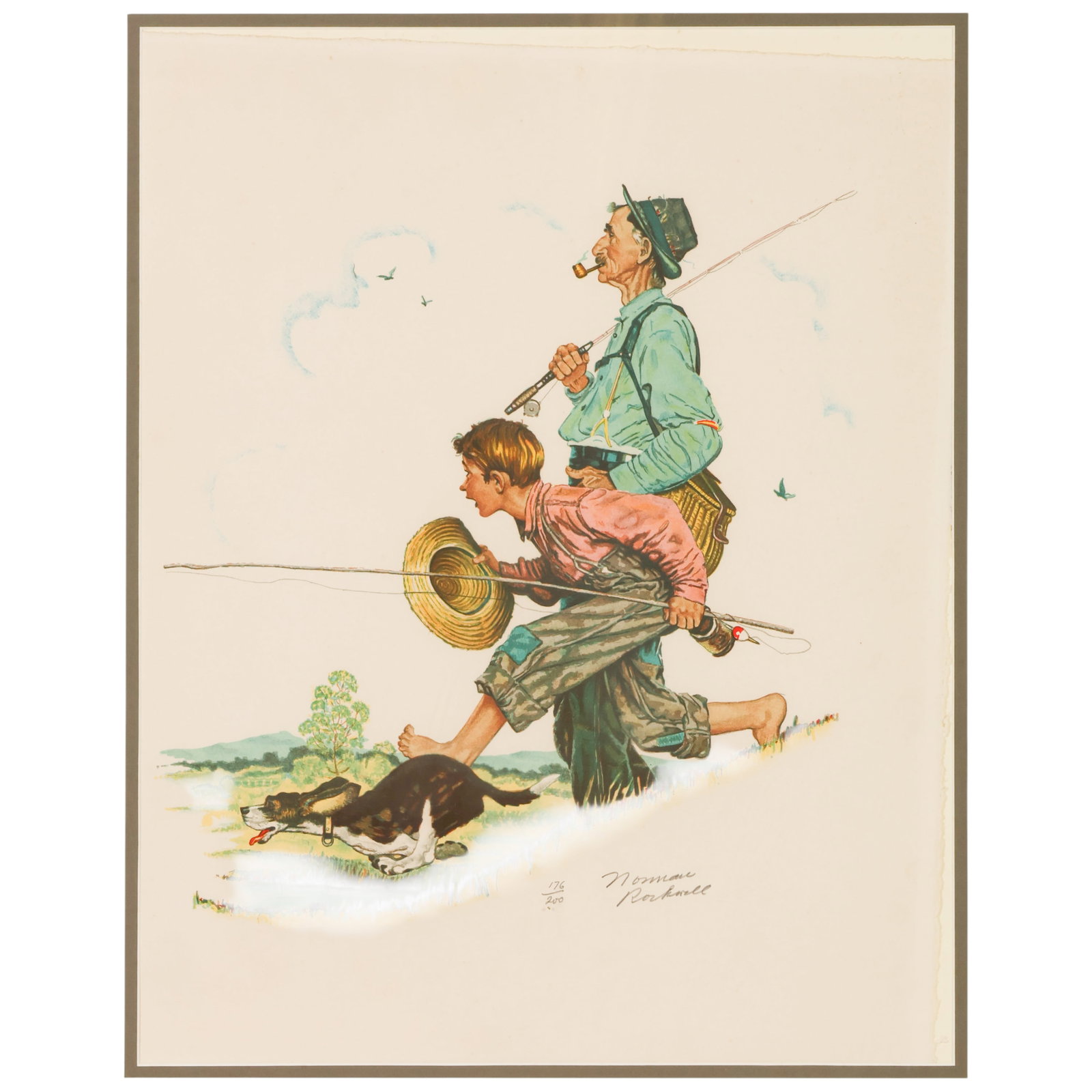 Norman Rockwell 1894-1978 "Gone Fishing" LE SIGNED: Norman Rockwell (American, 1894-1978), Gone Fishing, 1976, color lithograph on paper depicting a young boy and an older fisherman with fishing rods and a dog along a stream. Pencil signed by Norman Ro