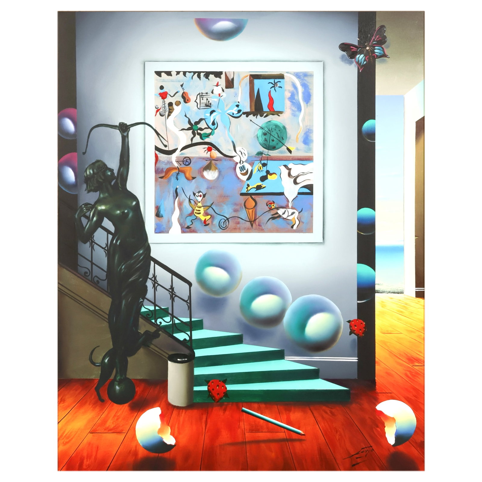 Ferjo b.1946 Surreal Interior Room Scene Painting (1 of 8)