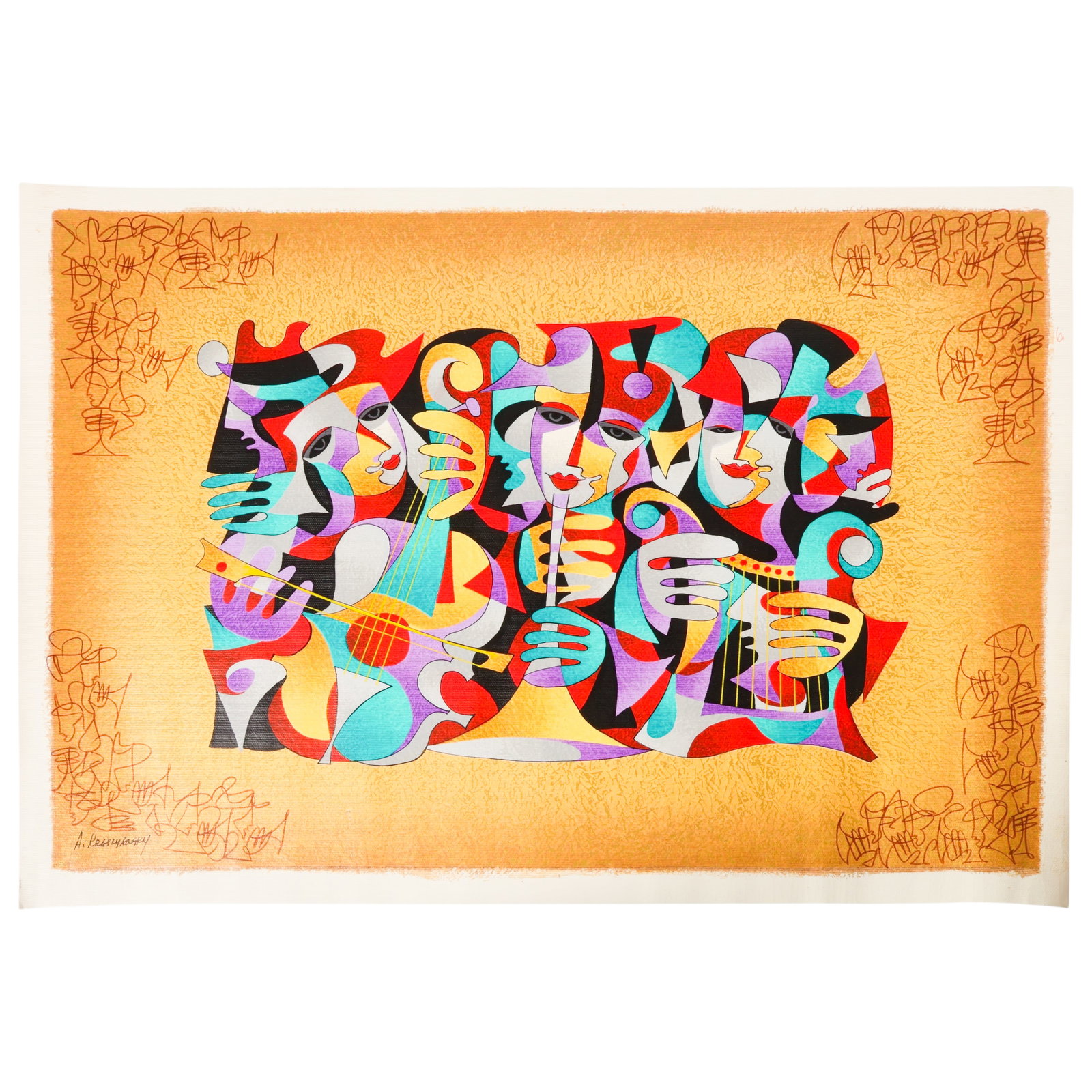 Anatole Krasnyansky 1930-2023 Serigraph AP SIGNED: Anatole Krasnyansky (Ukrainian/American, 1930-2023), color serigraph on canvas depicting a colorful group of abstracted musicians in a Cubist-inspired geometric style. Signed lower left. Verso marked 