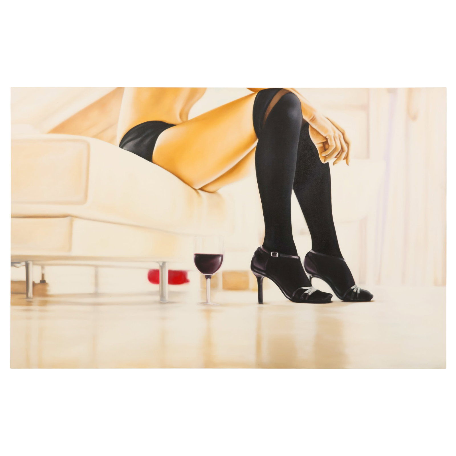 Rigel Herrera b.1975 The Sky in the Room Painting: Rigel Herrera (Mexican, born 1975), Il Cielo in una Stanza ("The Sky in a Room"), oil on canvas, 2009, depicting a contemporary figurative interior scene with a seated female figure in black stockings