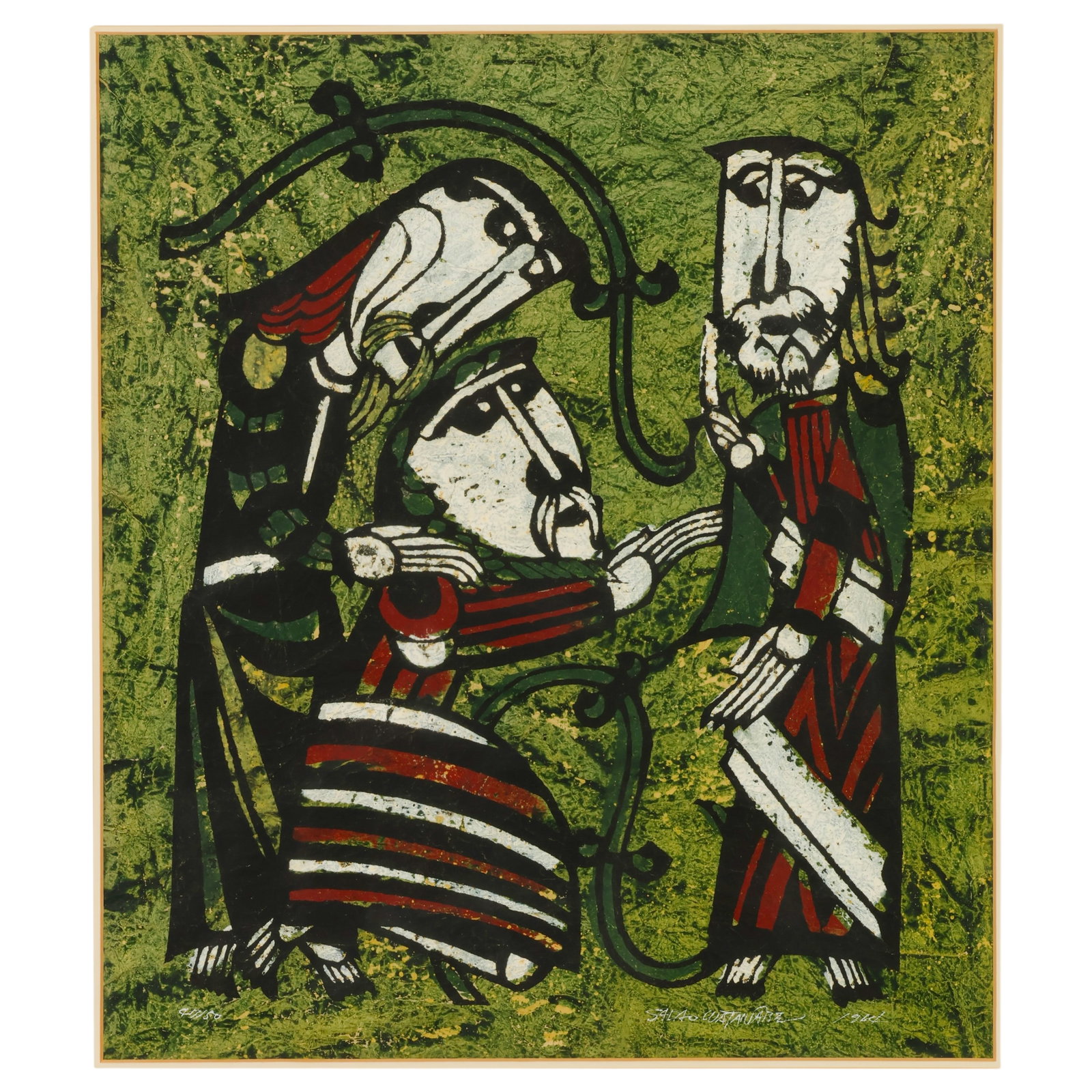 Sadao Watanabe 1913-1996 Jesus Screenprint SIGNED: Sadao Watanabe (Japanese, 1913-1996), Biblical Figures, 1964, hand-colored katazome stencil print on momigami paper depicting Jesus healing a blind man. The textured surface is characteristic of momig