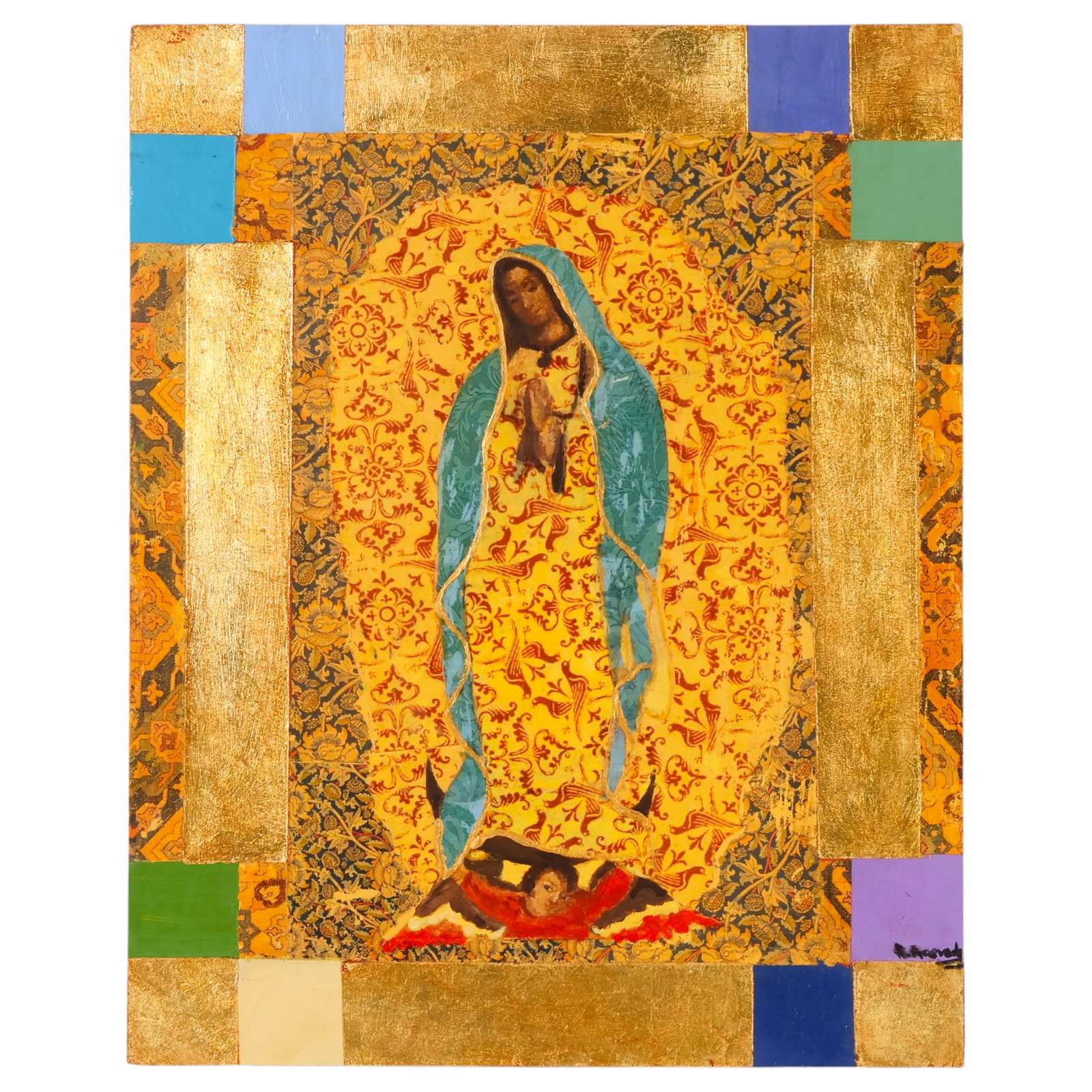 H. Acevedo "Our Lady of Guadalupe" Painting 2009: H Acevedo (20th century), Golden Virgin, painting on wood panel depicting the Virgin of Guadalupe with gold leaf accents and patterned decorative motifs. Signed "H Acevedo" lower right, inscribed and 
