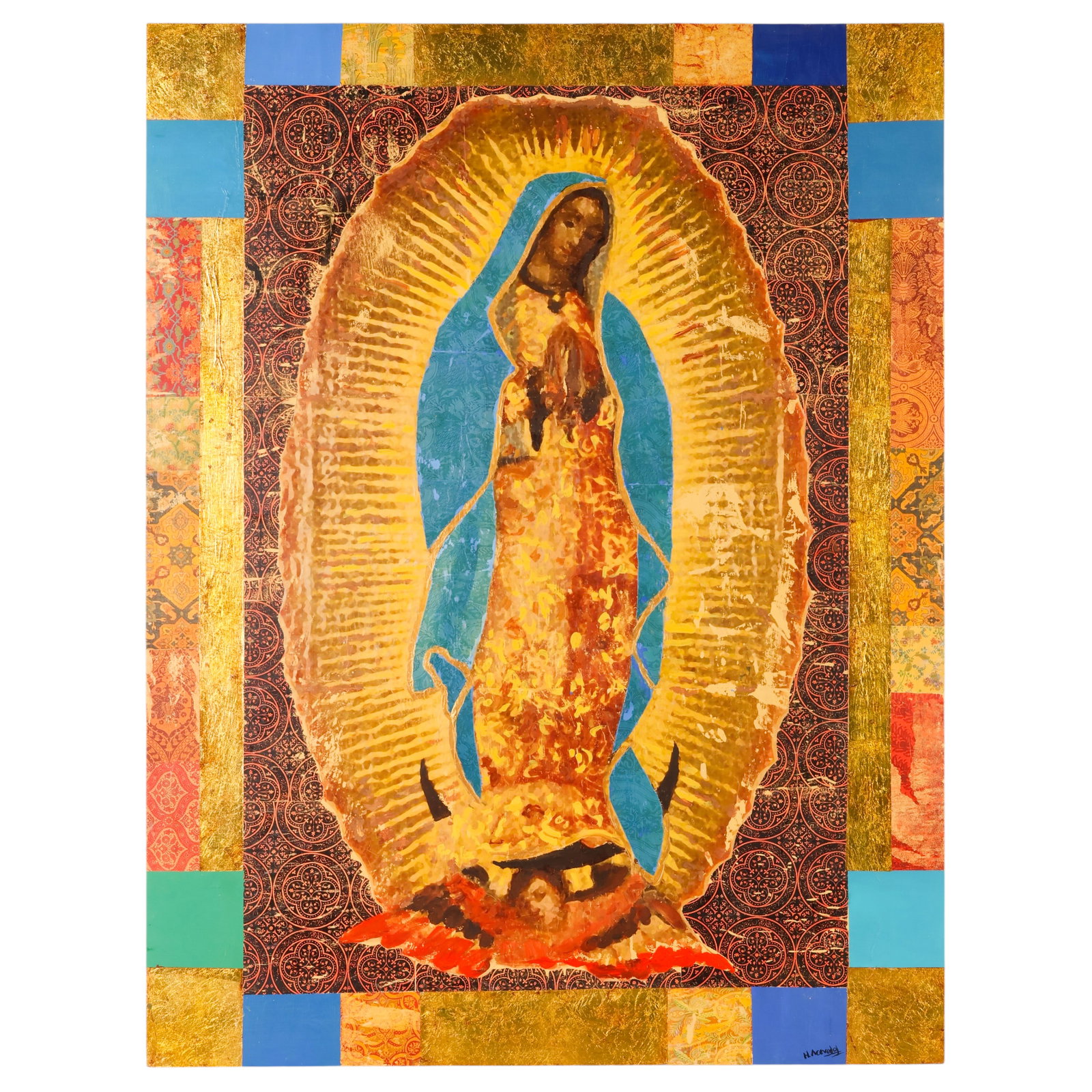 H. Acevedo "Our Lady of Guadalupe" Painting: H. Acevedo (20th century), Golden Virgin, painting on panel depicting the Virgin of Guadalupe in a contemporary icon composition with gold leaf-style surfaces, patterned collage elements, and blue geo