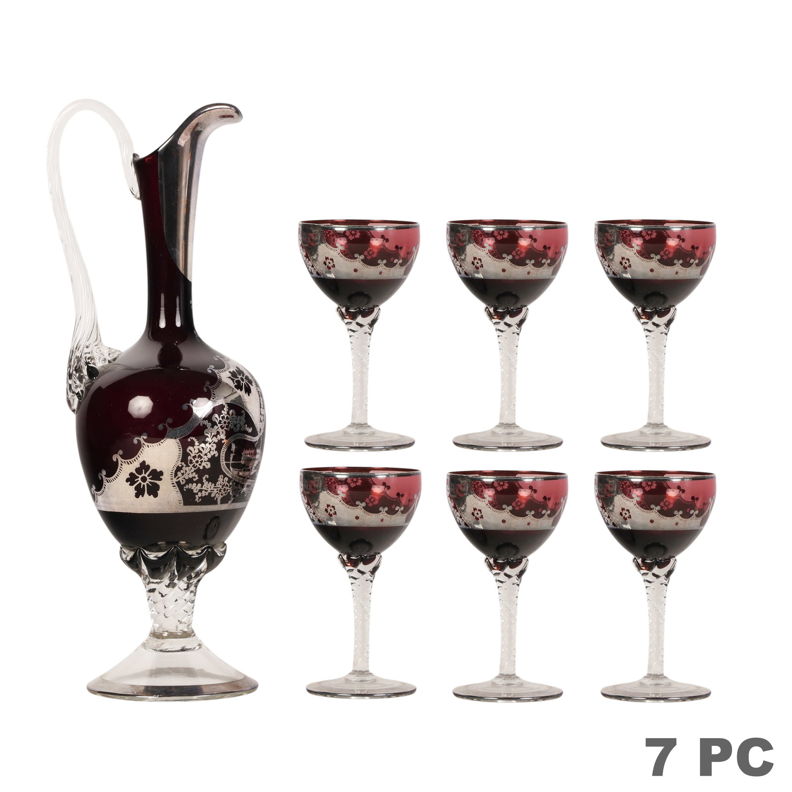Venetian Amethyst Silver Overlay Ewer w/ 6 Glasses (1 of 8)