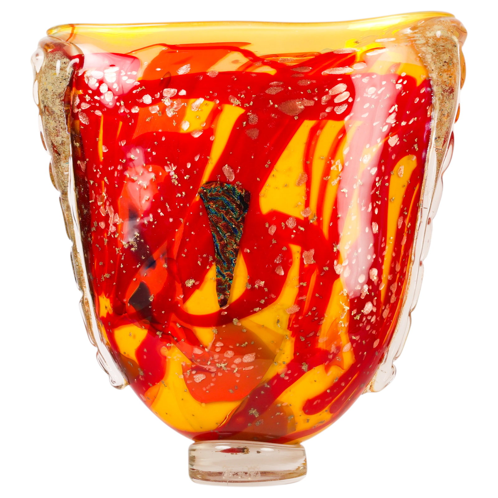 Studio Art Glass Multi Colored Swirl Freeform Vase: Studio art glass floor vase in a hand-blown tapered cylindrical form with a yellow ground, freeform red and orange abstract decoration, and metallic aventurine inclusions. Artist's incised signature t