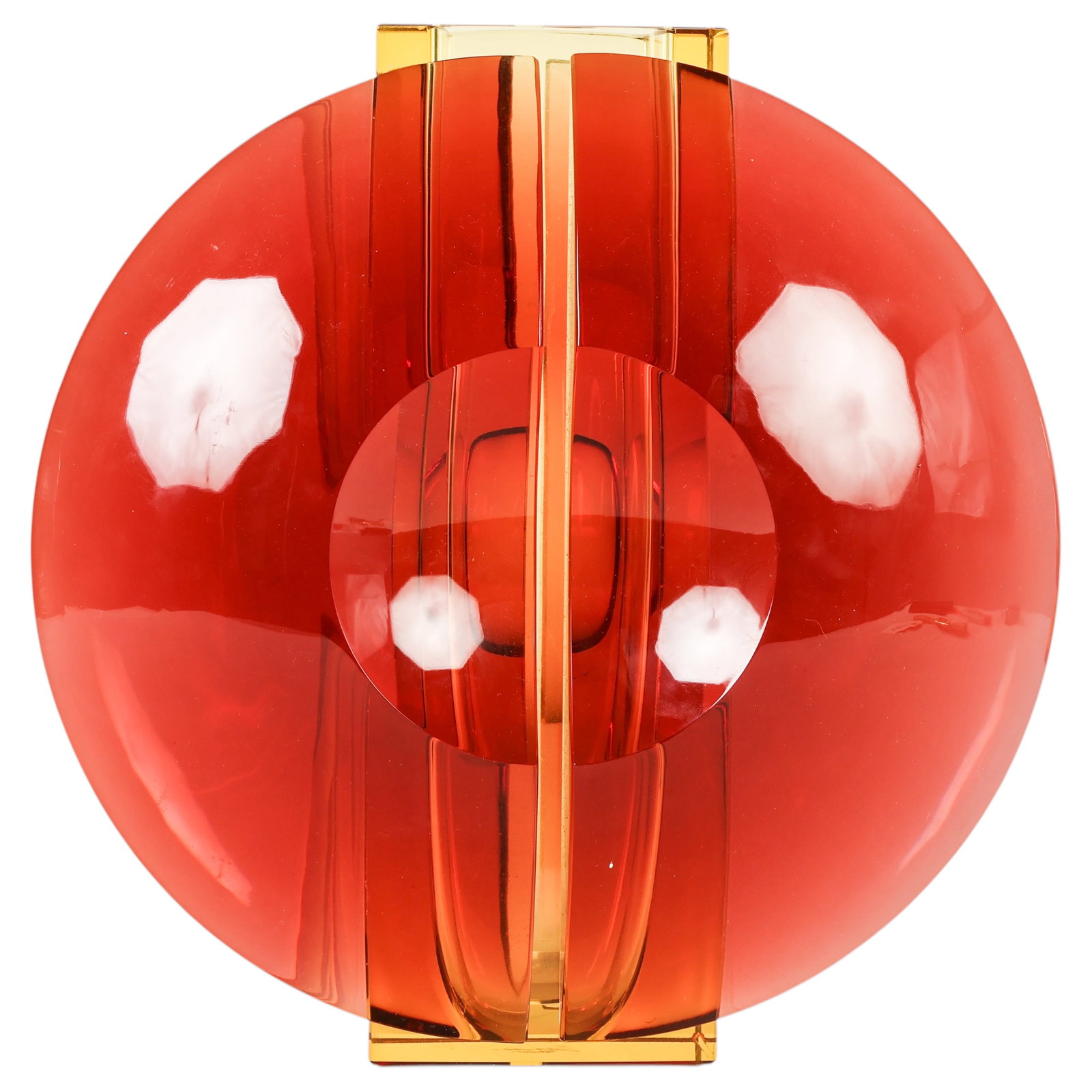 Moser Mid Century Modernist Studio Art Glass Vase: Moser contemporary Czech art glass sculptural vase featuring an amber and topaz cased glass design with intersecting curved and rectangular forms in a modern geometric composition. Acid-etched Moser m