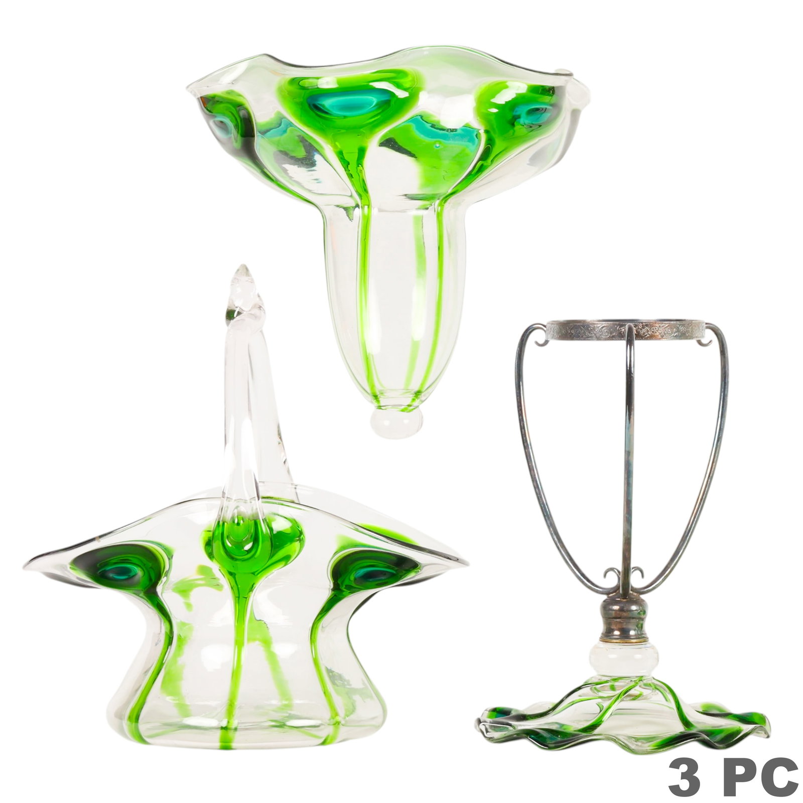 Studio Art Glass Centerpiece Basket and Vase LOT: Lot of two studio art glass pieces, including a centerpiece bowl and handled basket. Each features a clear art glass body with applied green teardrop decoration and controlled bubble inclusions. The c