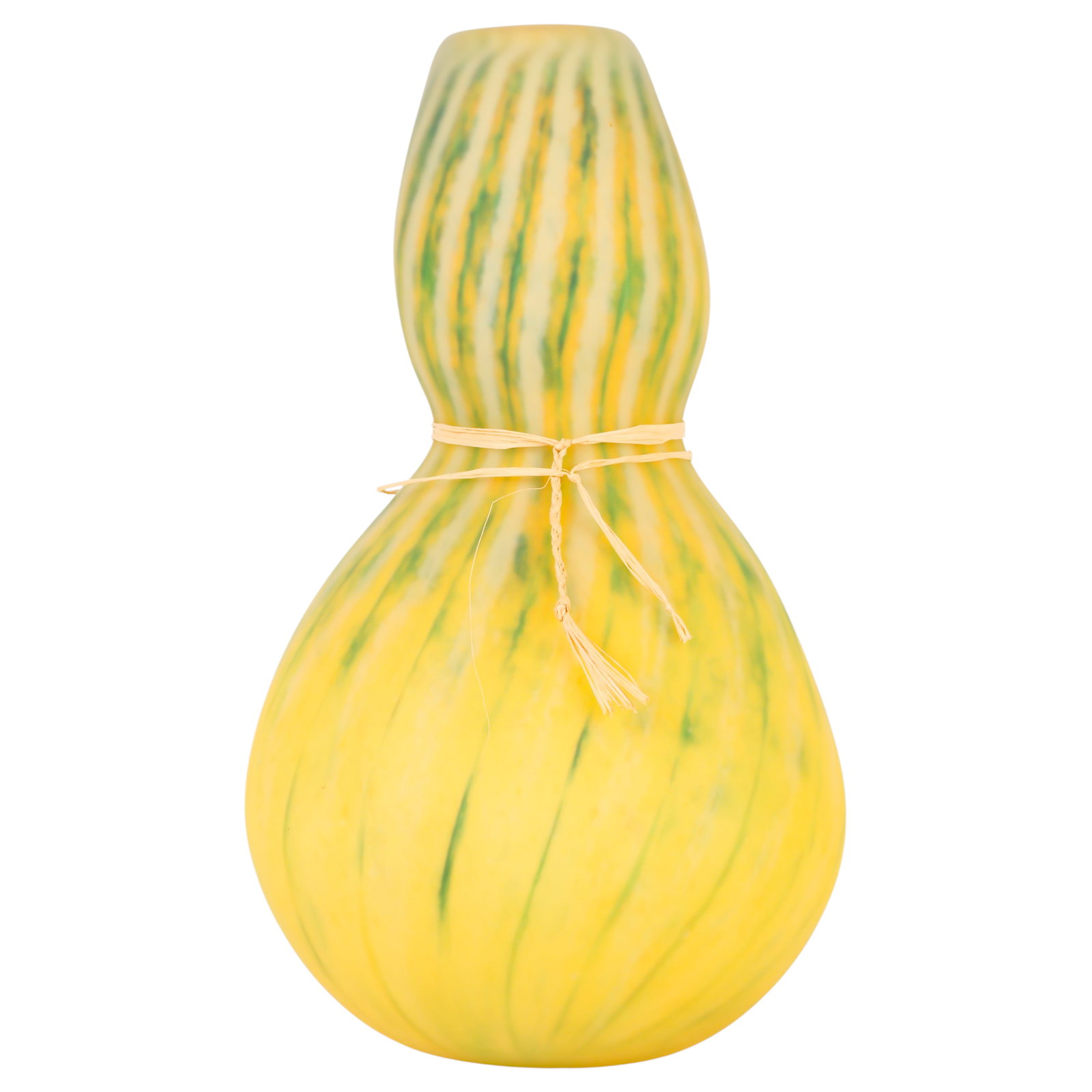 Patrick Crespin b.1955 Limoges Gourd Glass Vase: Patrick Crespin (American, born 1955), Limoges, hand-blown art glass sculptural gourd-form vase with a satin yellow finish and green marbled decoration, accented by a raffia tie at the waist. Incised 