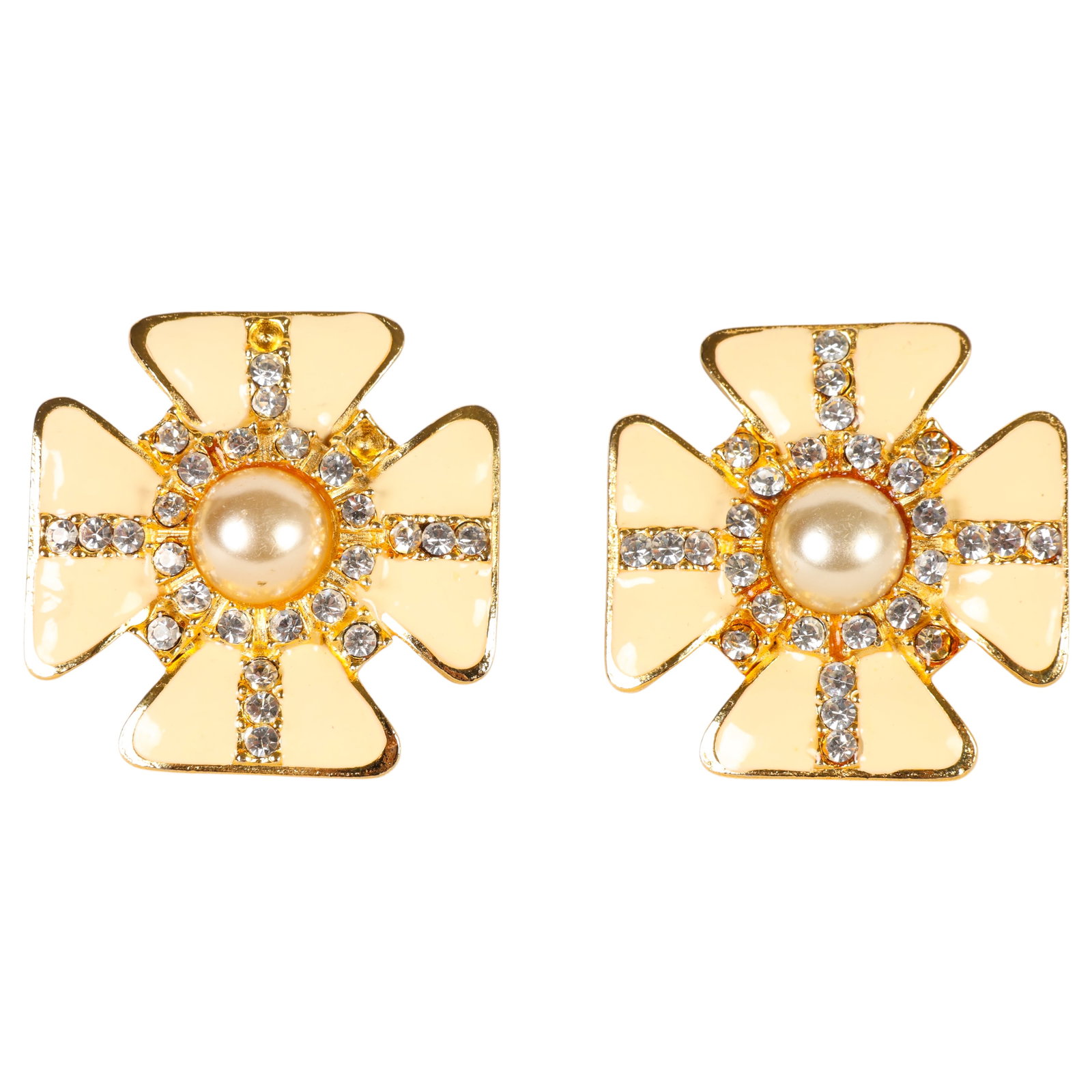 Chanel Enamel Pearl Maltese Cross Clip On Earrings (1 of 7)