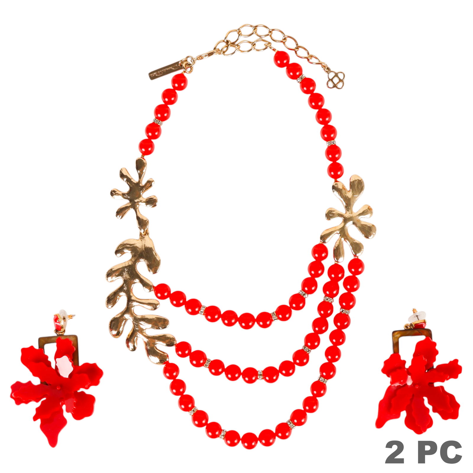 Oscar De La Renta Statement Necklace and Earrings: Oscar de la Renta luxury designer runway statement jewelry ensemble, including a triple-strand necklace featuring coral-colored beads accented with sculptural gold-tone leaf motifs, together with a pa