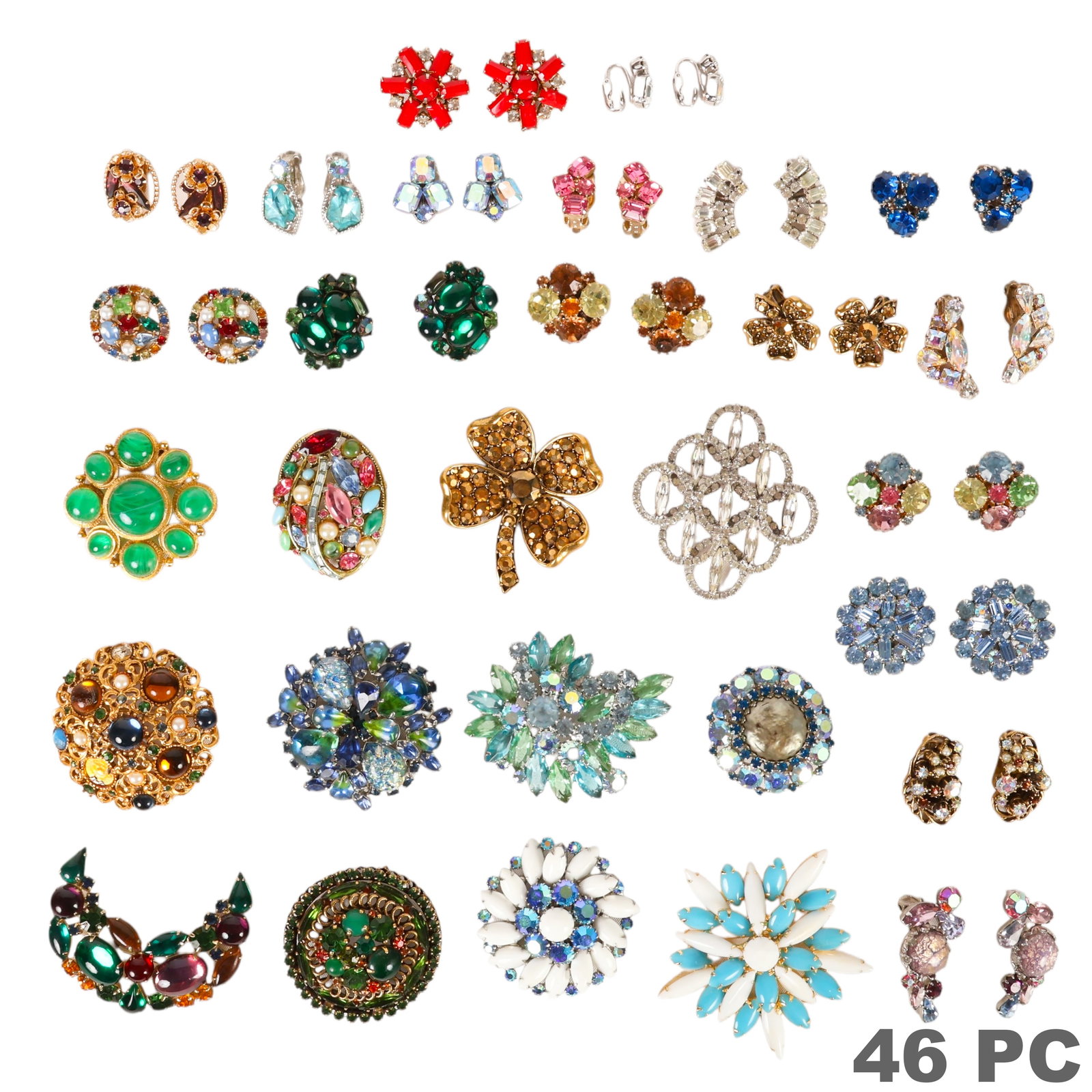 Weiss Vintage Costume Earrings Brooches 46pc LOT: 46-piece estate lot of vintage Weiss costume jewelry, including 12 brooches and 17 pairs of clip-on earrings. The group features aurora borealis crystals, rhinestones, art glass cabochons, milk glass,