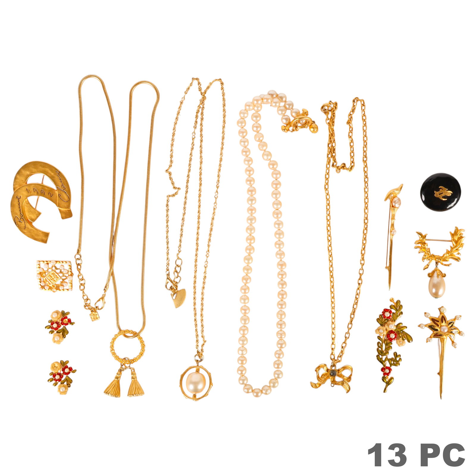Karl Lagerfeld Paris Necklace Brooch Earrings LOT: Karl Lagerfeld Paris 13-piece designer costume jewelry lot comprising four opera-length necklaces, one pair of enameled faux pearl earrings, two enameled floral brooches, one black cabochon brooch wit