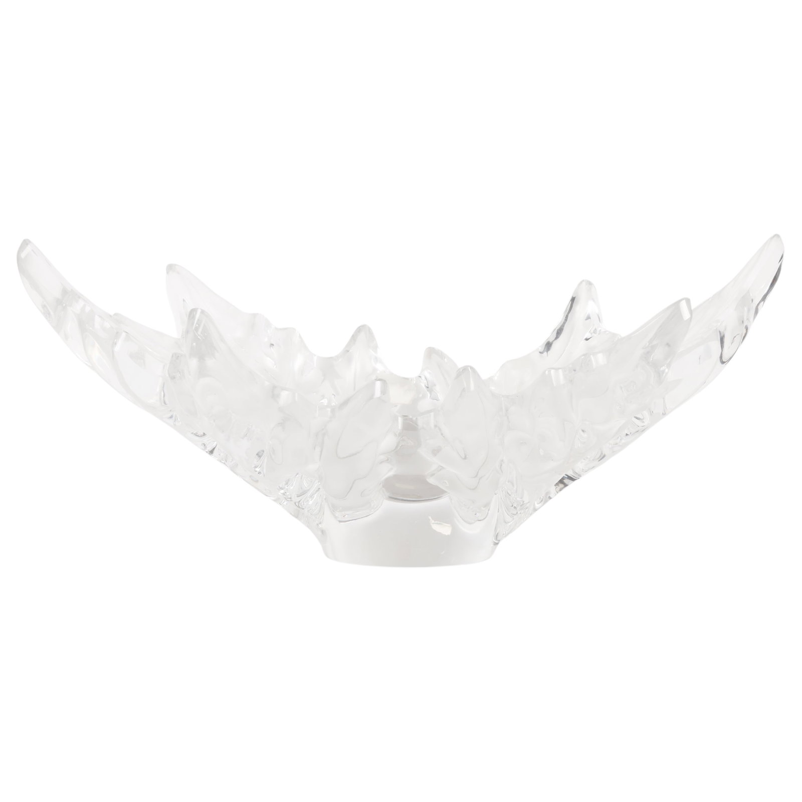 Lalique Crystal Champs Elysees Leaf Centerpiece: Lalique France "Champs-Elysees" clear crystal centerpiece bowl featuring an organic freeform design with deeply molded oak leaves in frosted and polished relief. Signed Lalique France to the