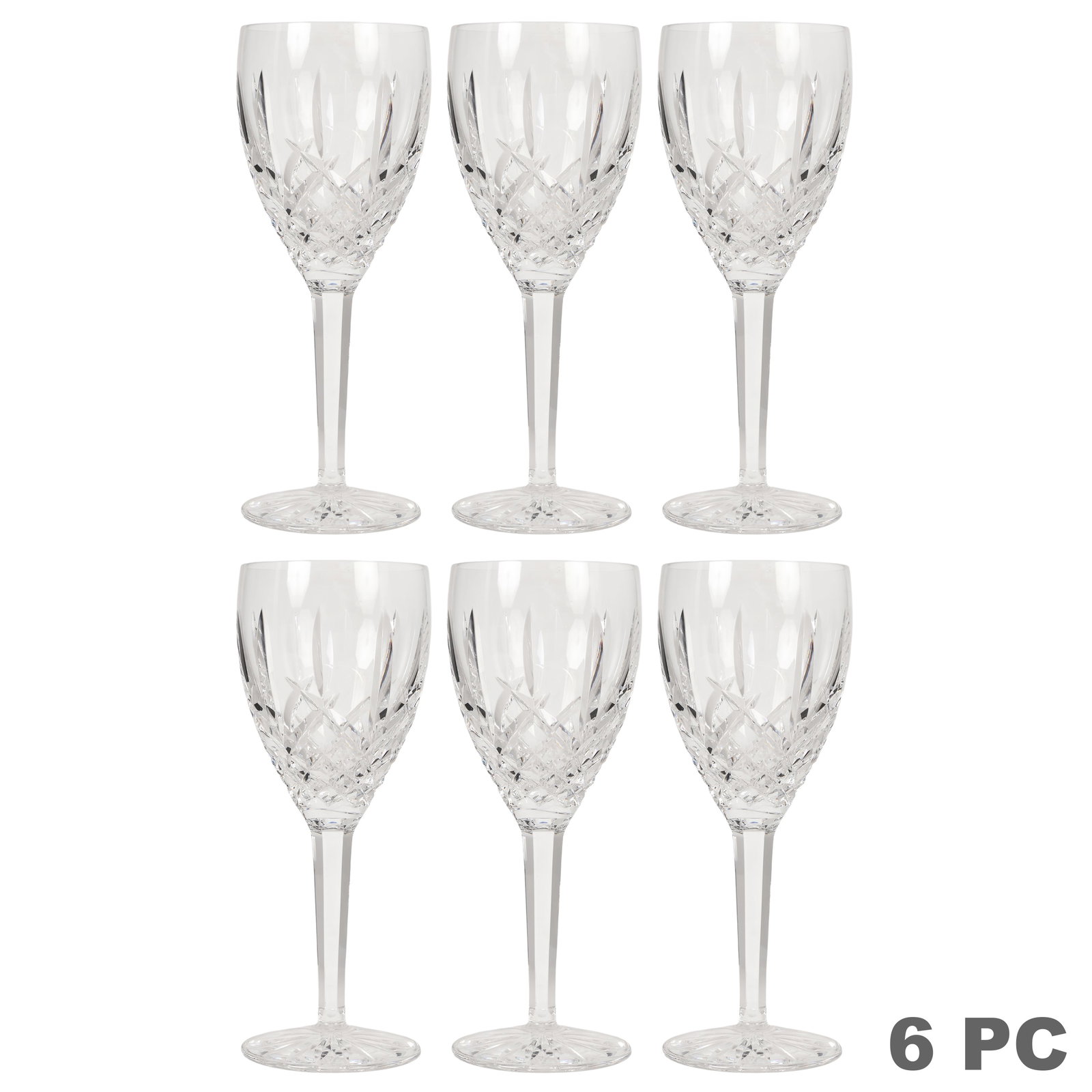 Waterford Irish Crystal "Araglin" Wine Glass SET: Set of six Waterford Crystal Araglin wine goblets, each crafted in Ireland in the Araglin pattern with deep diamond and vertical wedge cuts, faceted stems, and star-cut bases. Each acid etched with th