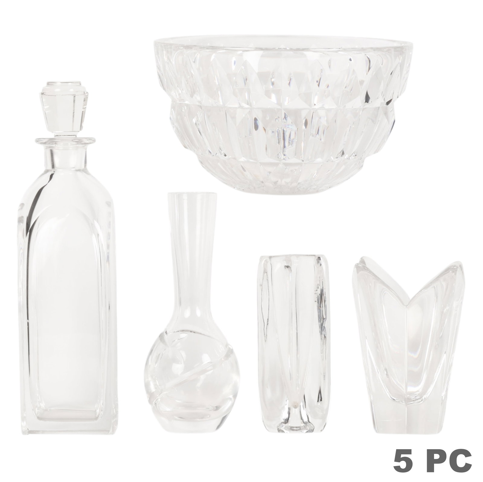 Orrefors Swedish Crystal Decanter Vase Bowl LOT: Orrefors group of five Scandinavian mid-century modern clear crystal art glass table articles comprising one rectangular decanter with rounded shoulders and a faceted stopper, one serving bowl with di