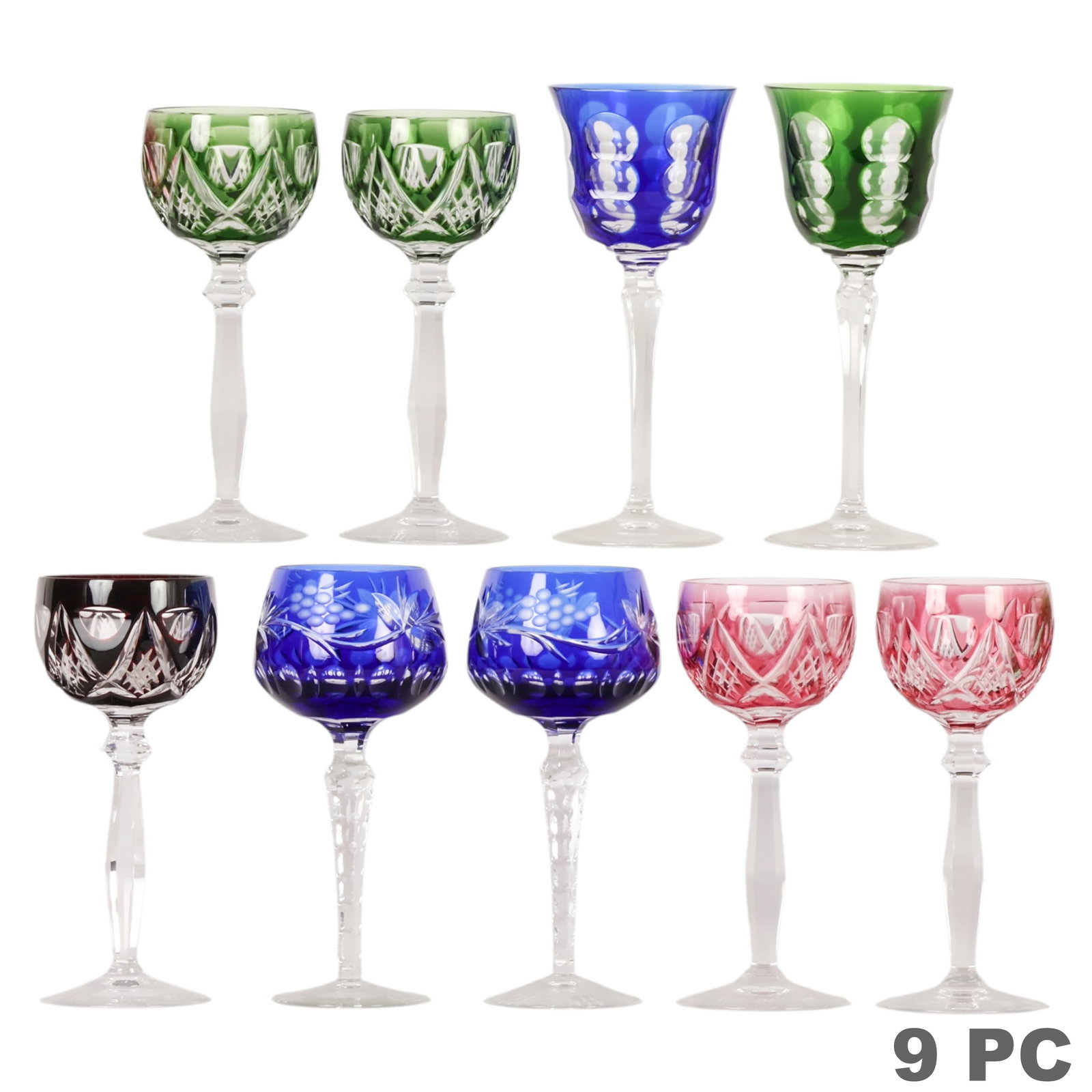 Christofle and Bohemian Stemware Goblets 9pc LOT: Christofle and Bohemian lot of seven colored crystal stemmed glasses comprising a pair of Christofle "Kawali" green and blue crystal wine glasses, each measuring approximately 8.25 x 3.5 inches, toget