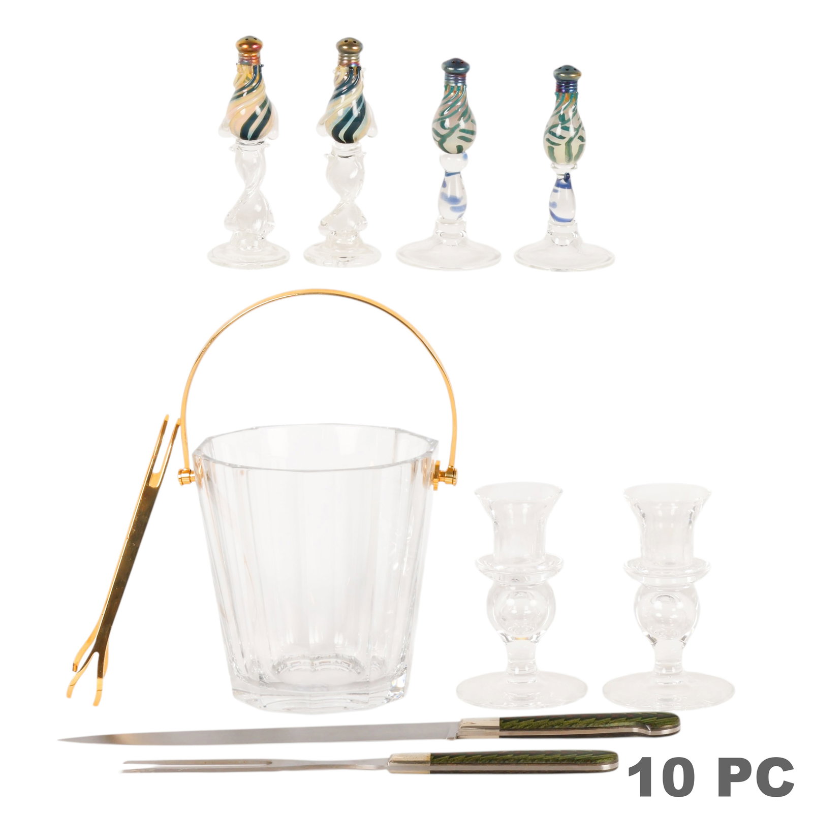 Baccarat Tiffany Co Crystal & More 10pc ESTATE LOT: Lot of ten decorative tableware accessories comprising a Baccarat signed clear crystal ice bucket with gilt-tone swing handle and matching signed 6.5-inch ice tongs, a pair of Tiffany & Co. signed cle