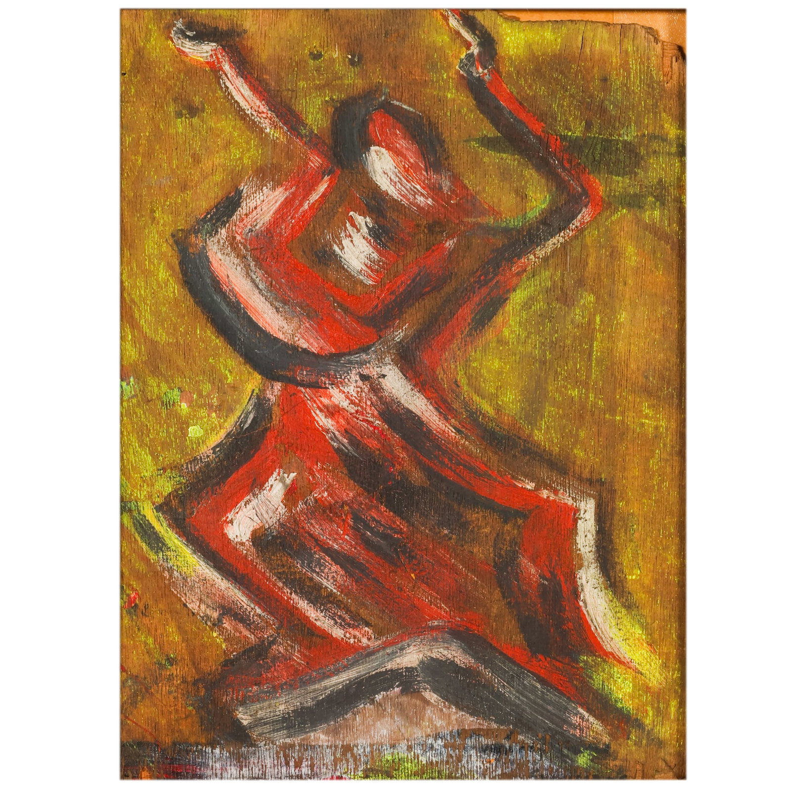Mid Century Modern Abstract Composition SIGNED: Mid-20th century modern oil on wood panel depicting an abstract dancing figure rendered in a Cubist style with gestural brushwork in red, black, white, and yellow. Signed lower right, partially obscur