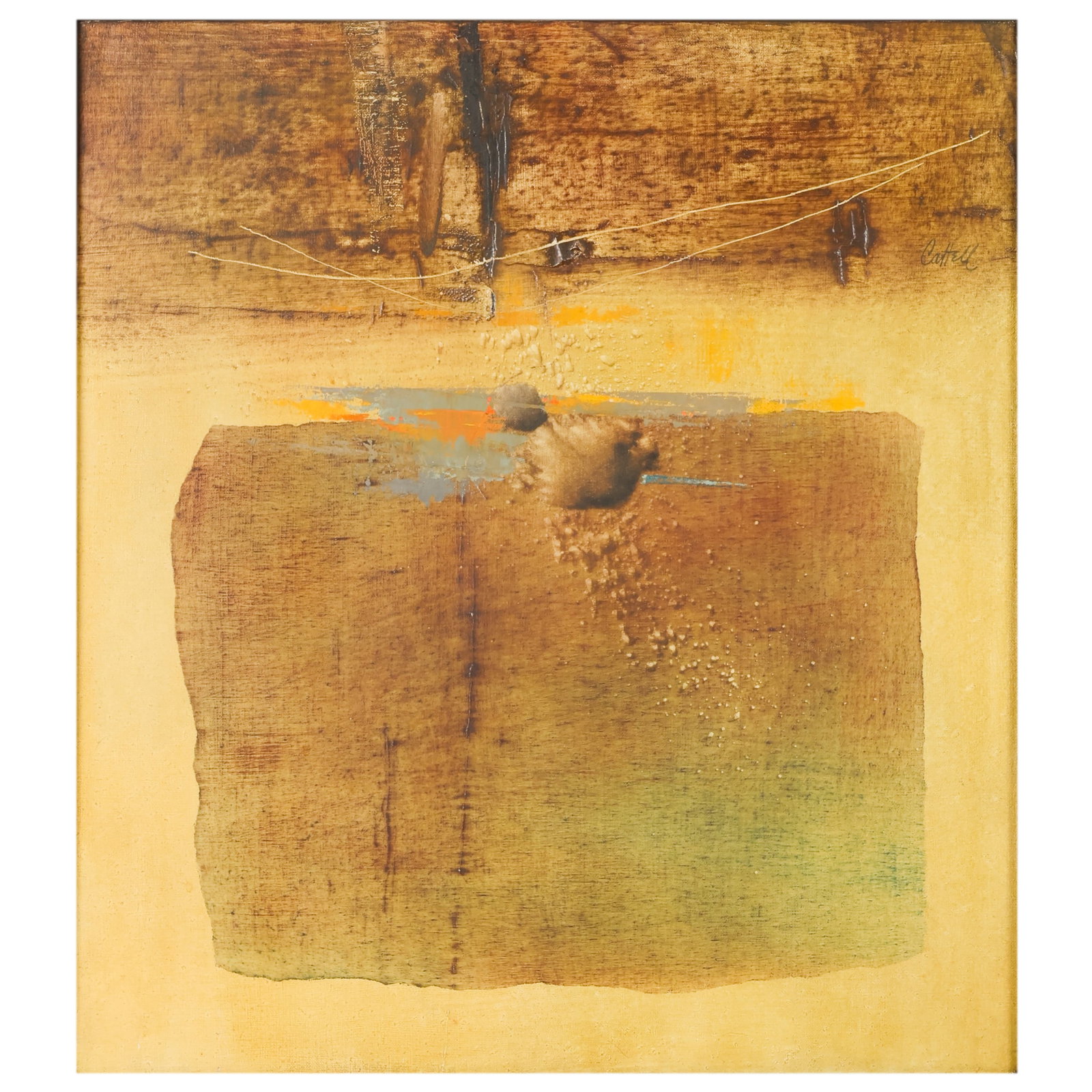 Raymond Victor Cattell 1921-2022 Abstract Painting: Raymond Victor Cattell (English/Canadian, 1921-2022), "Rock Echo," acrylic on canvas, depicting an abstract composition with earthy tones, textured impasto, and metallic ground. Signed lower right and