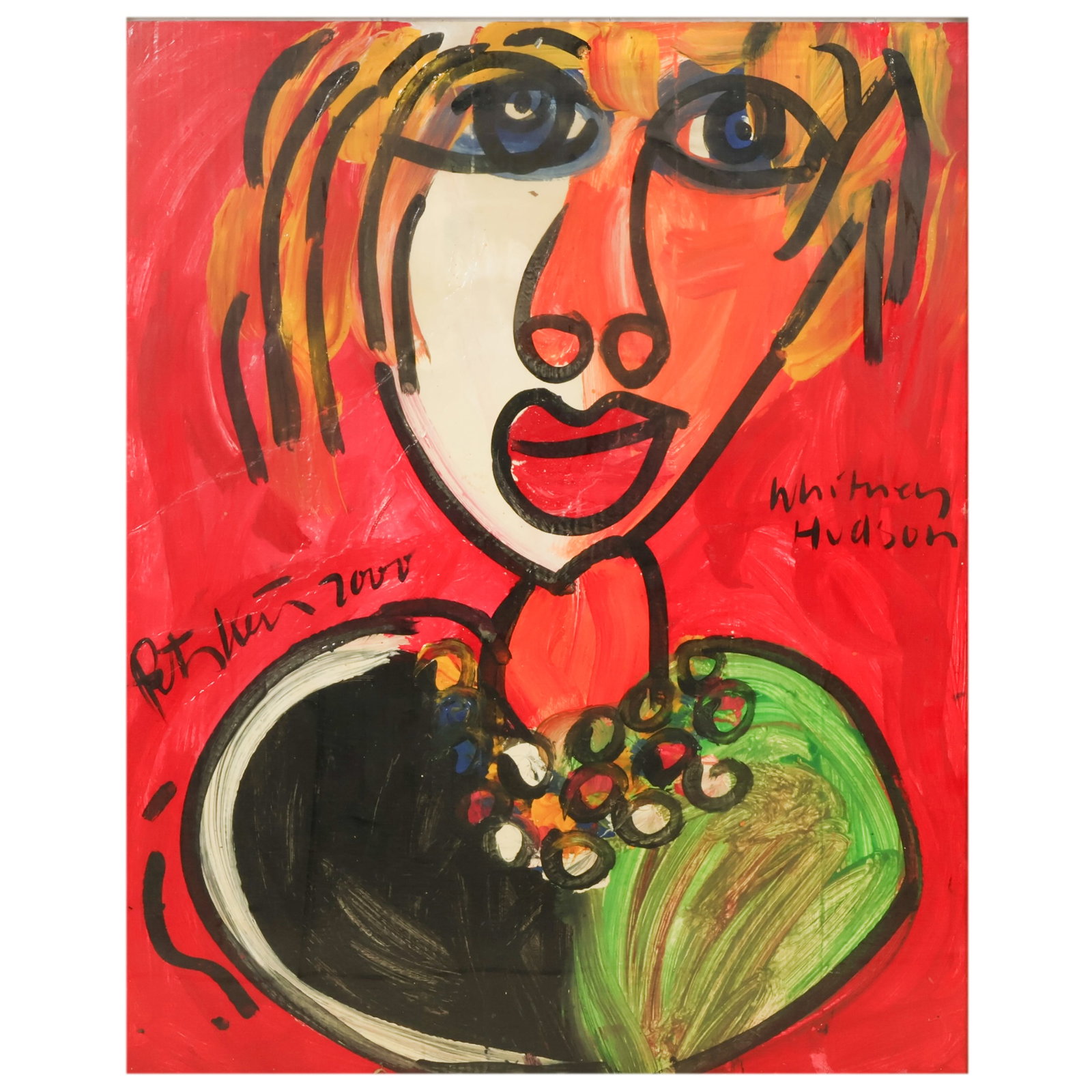 Peter Keil b1942 Abstract Whitney Houston Painting: Peter Keil (German, born 1942), Whitney Houston, oil on board depicting a stylized female bust portrait rendered in the artist's characteristic Neo-Expressionist abstract style with bold black