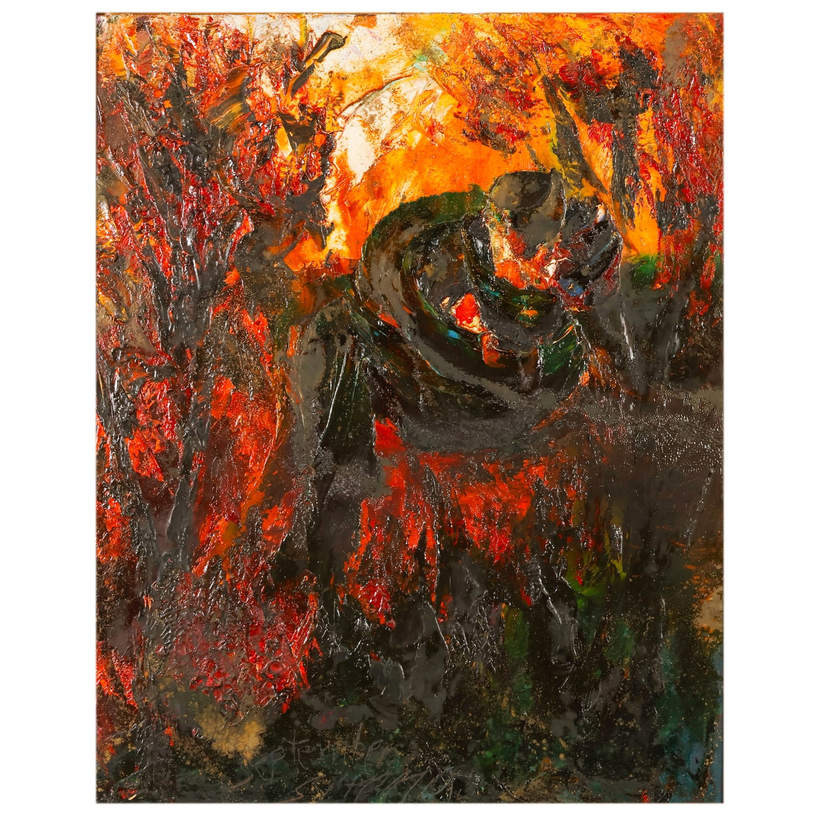 Antonia Sirena 1929-2006 "Love September" Painting: Antonia Mastrocristino Sirena (Italian/American, 1929-2006), Love in September, oil on Masonite. Executed in Sirena's distinctive heavily textured impasto technique, depicting two embracing figures wi