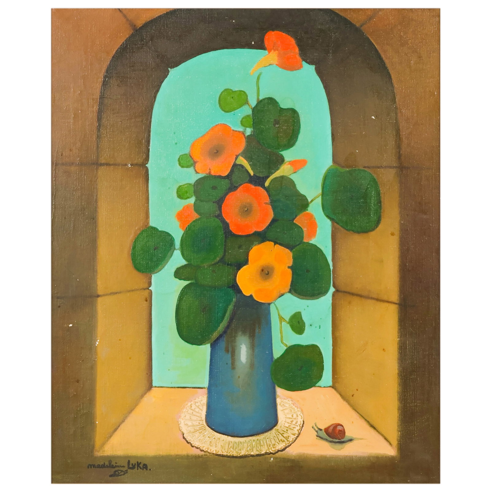 Madeleine Luka 1894-1989 Flora Still Life Painting: Madeleine Luka (French, 1894-1989), Bouquet de Capucines (Nasturtium Bouquet), oil on canvas still life depicting a bouquet of nasturtiums in a blue vase set within an architectural niche, with a snai