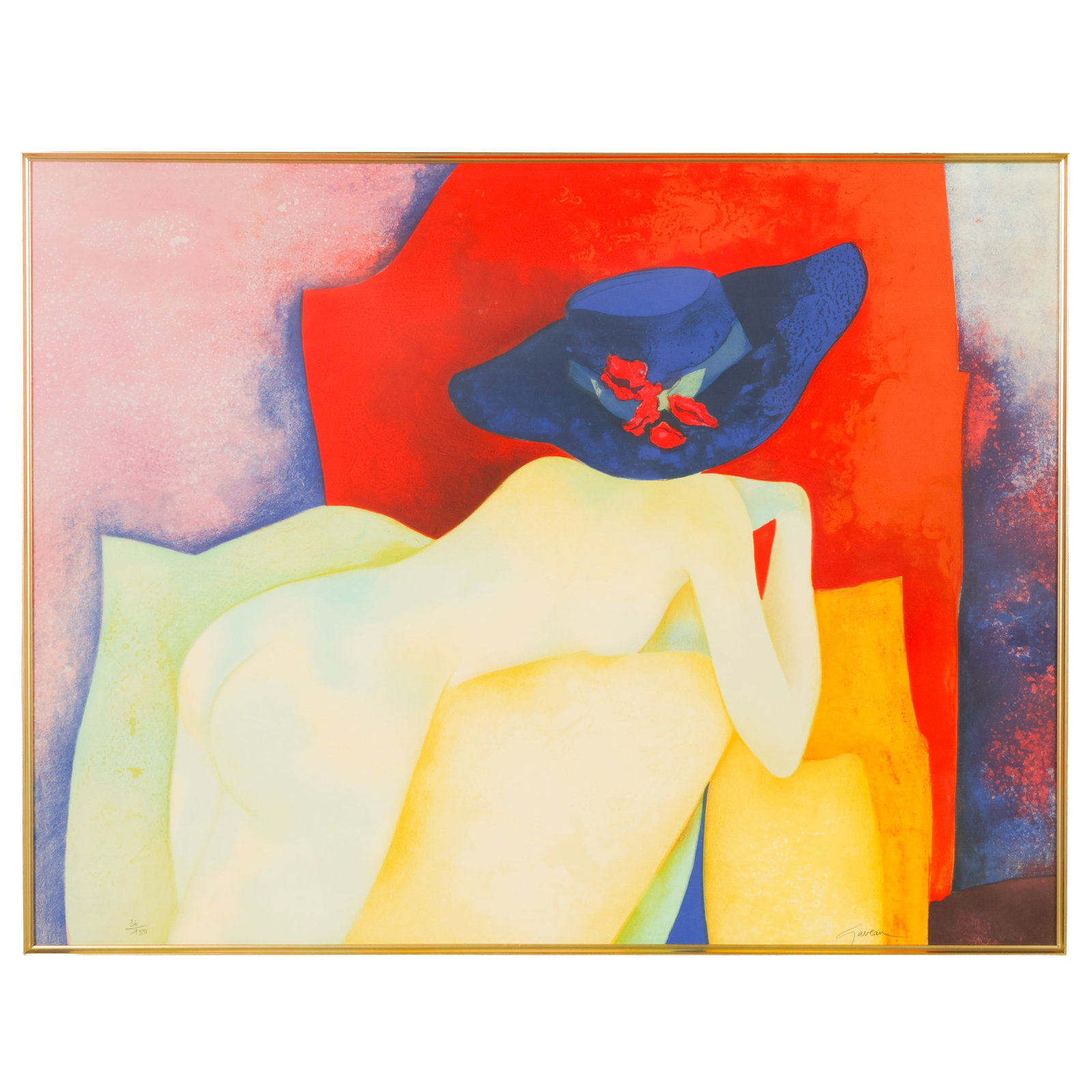 Claude Gaveau 1940-2021 Ursula Serigraph LE SIGNED: Claude Gaveau (French, 1940-2021), Ursula, limited edition color serigraph on paper depicting a stylized female nude seated with her back turned, wearing a blue hat accented with red flowers against a