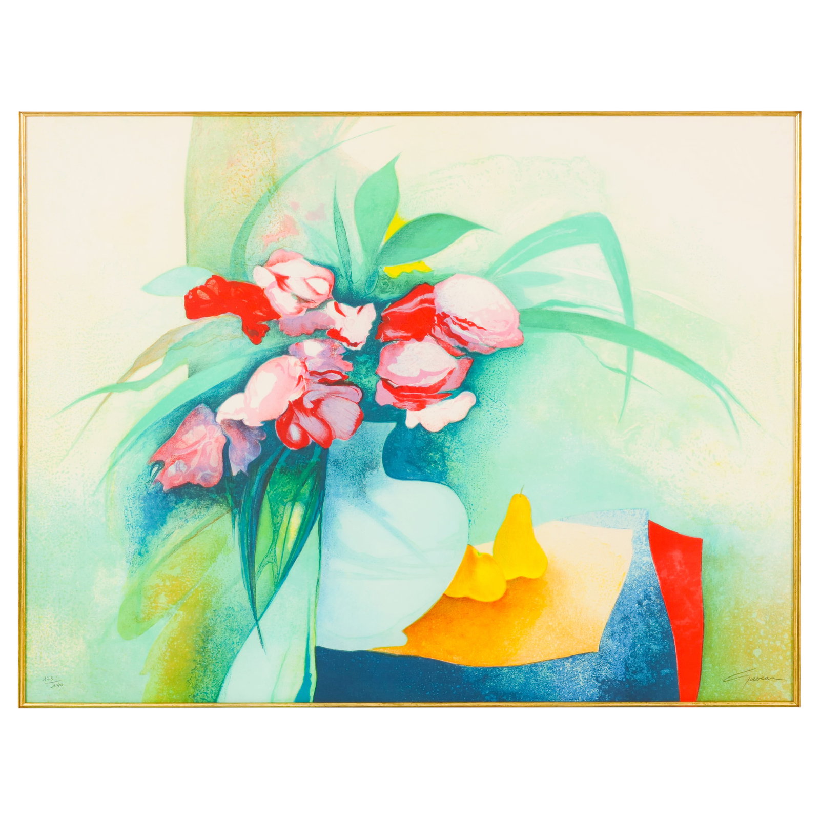 Claude Gaveau 1940-2021 Peonies Roses Litho SIGNED: Claude Gaveau (French, 1940-2021), Pivoines Roses, limited edition color serigraph on paper depicting a still life of pink peonies in a blue vase beside two pears on a tabletop. Signed lower right and