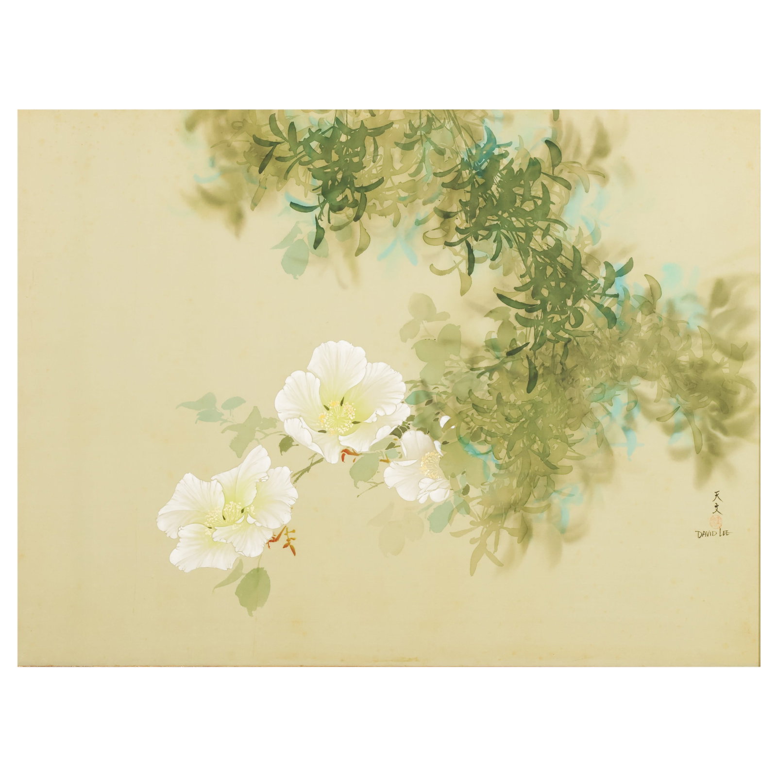 David Lee b.1944 White Flower Bloom Silk Painting (1 of 7)