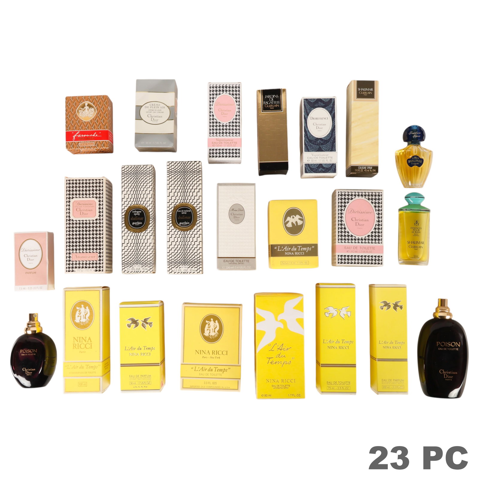 Guerlain Dior & Nina Ricci Vintage Perfume 23p LOT: Guerlain Paris, Christian Dior, and Nina Ricci 23-piece estate collection of vintage designer fragrances. Includes six Guerlain Paris fragrances comprising five Shalimar examples and one Jardins de Ba