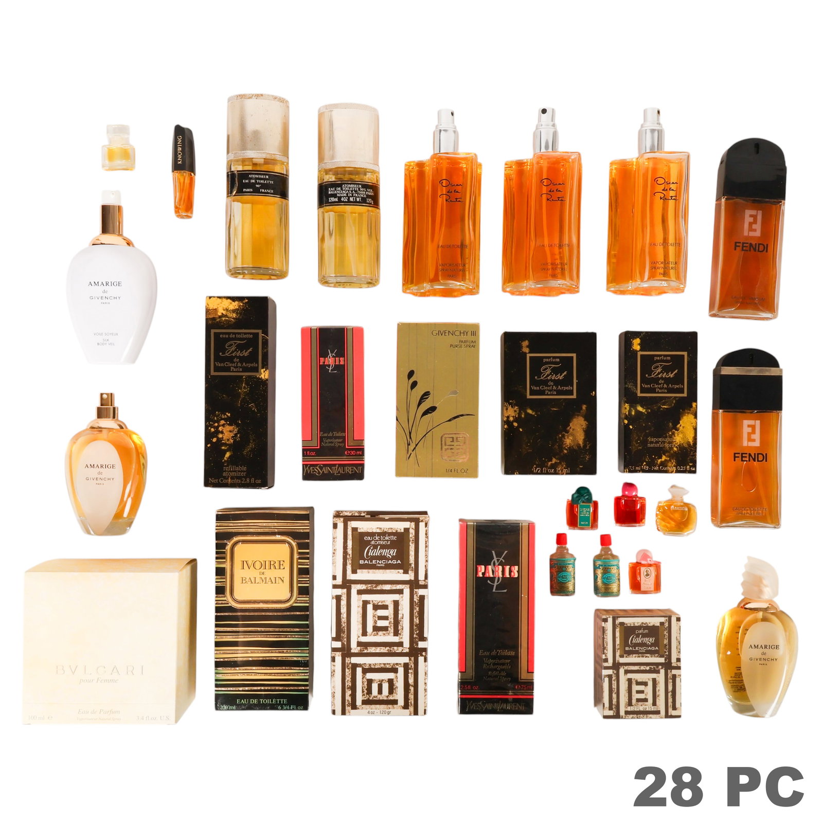 YSL Givenchy Bvlgari Van Cleef Perfumes 28pc LOT: 28-piece estate collection of vintage designer fragrances, including 20 full-size bottles and eight miniature perfumes and testers. The collection features examples by Yves Saint Laurent, Givenchy, Bv