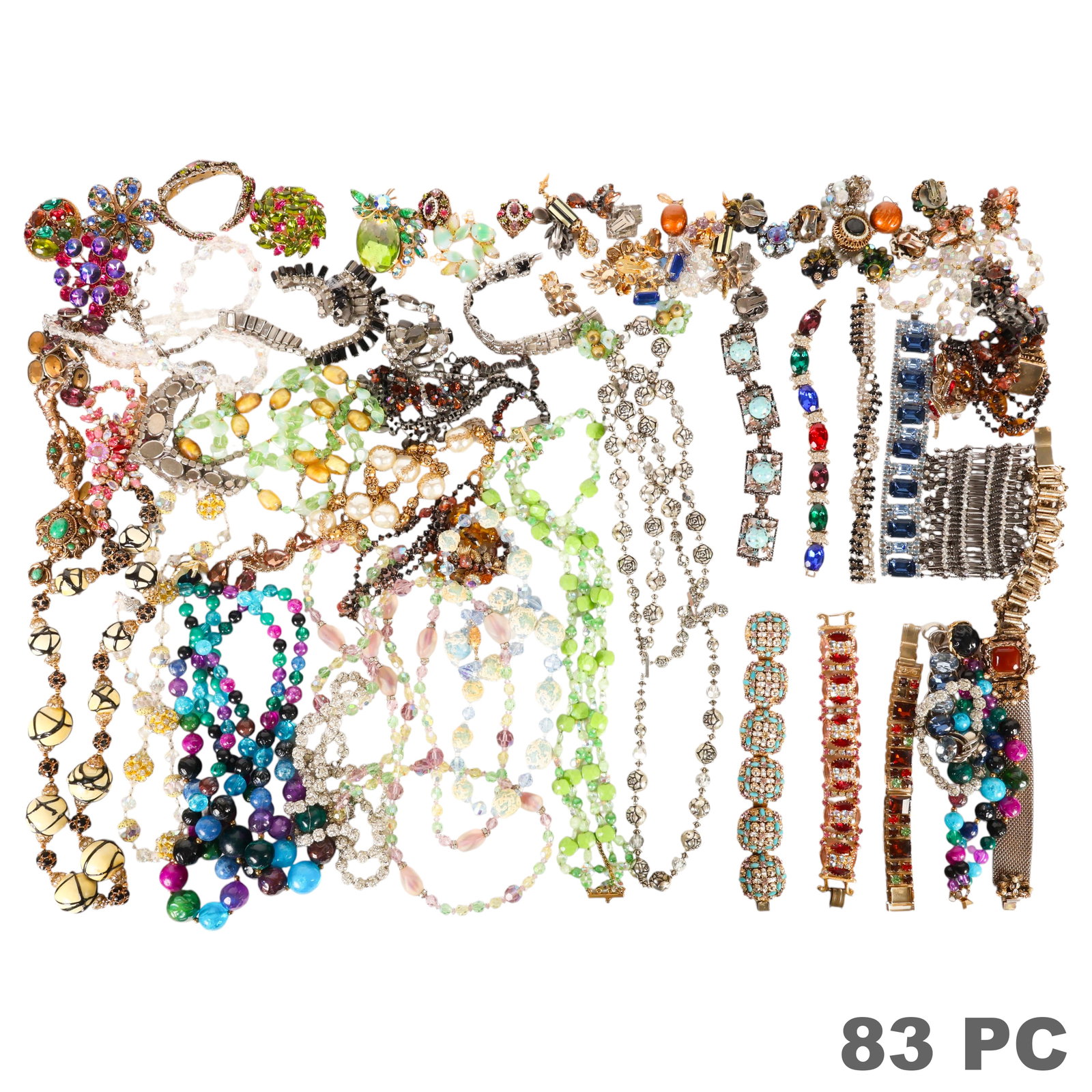 Unsigned Vintage Costume Jewelry 83pc ESTATE LOT: Estate collection of 83 pieces of vintage costume jewelry comprising 20 necklaces, 19 bracelets, 19 pairs of earrings, and 6 brooches and pins. The collection features rhinestone, faux pearl, art glas