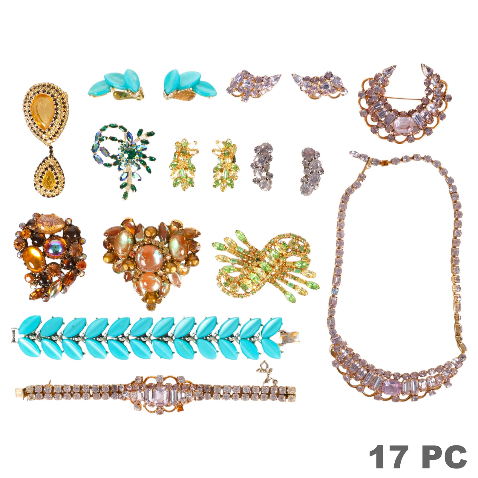 Kramer New York Vintage Costume Jewelry 17pc LOT: 14-piece lot of vintage Kramer of New York costume jewelry, including two bracelets, one necklace, four pairs of clip-on earrings, and six brooches and pins. The group features rhinestones, aurora bor