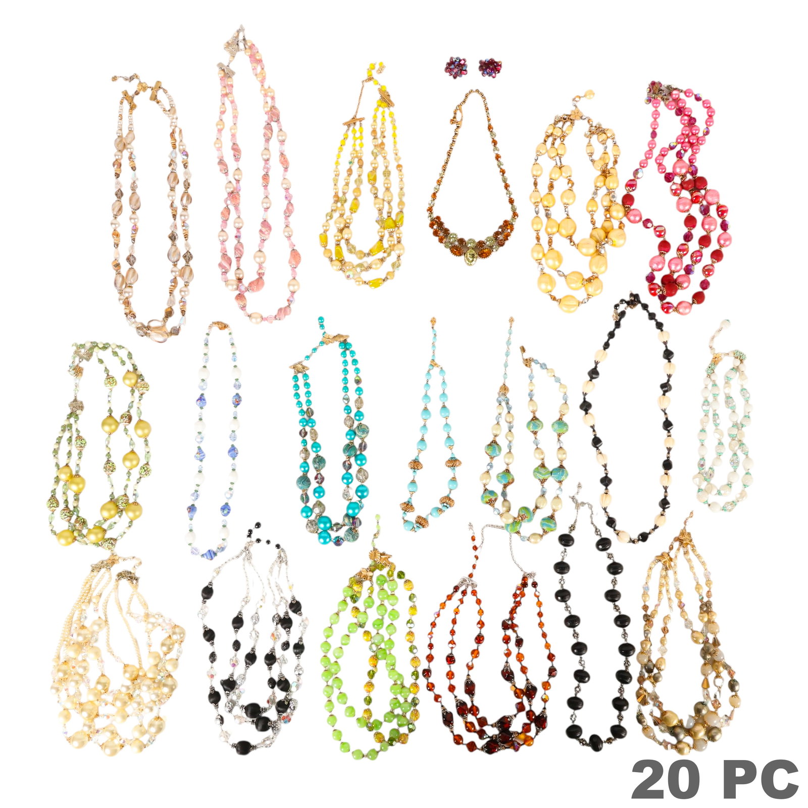 Vendome Vintage Costume Jewelry 20pc ESTATE LOT: 20-piece estate lot of Vendome Vintage Costume Jewelry Group, including 18 Vendome necklaces and one pair of matching clip-on earrings. The collection features multi-strand faux pearl, art glass, crys