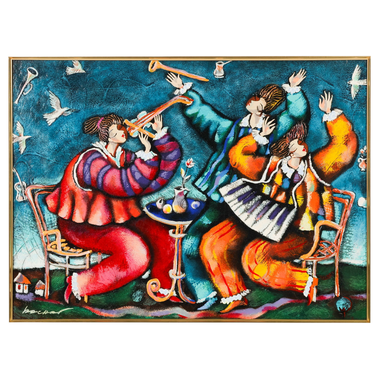 Michael Kachan b.1964 Lilting Ladies Giclee SIGNED: Michael Kachan (American, born 1964), Lilting Ladies, 1999, embellished serigraph on canvas depicting whimsical musicians and dancers in the artist's contemporary style. Pencil signed and inscribed "P