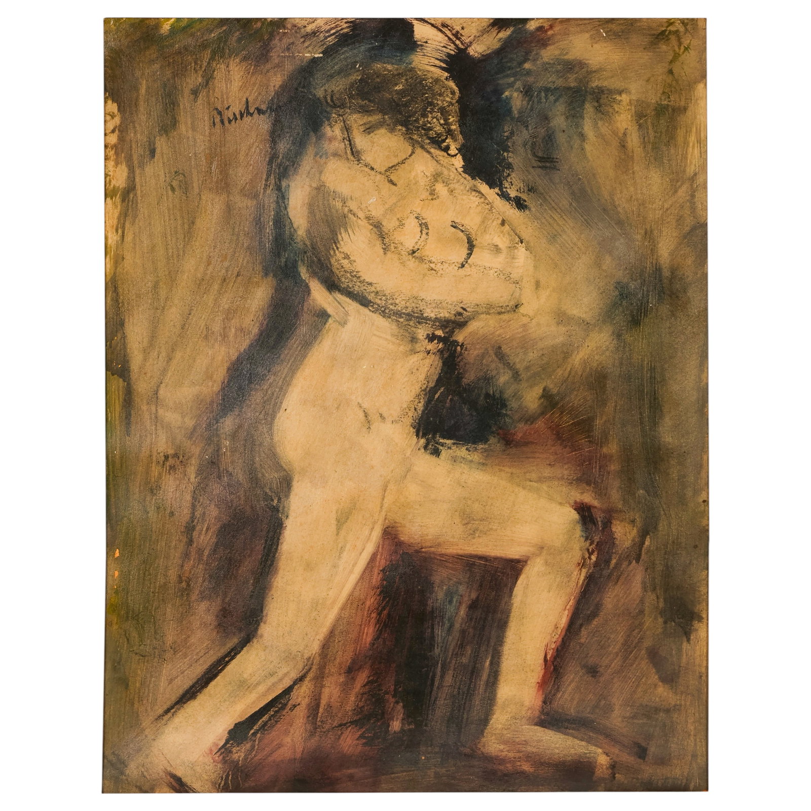 Carl Adolph Buchner 1921-2003 Nude Male Painting: Carl Adolph Buchner (South African, 1921-2003), oil on paper depicting a modern abstract nude male in a running pose with crossed arms, executed with expressive brushwork and a dark color palette. Sig