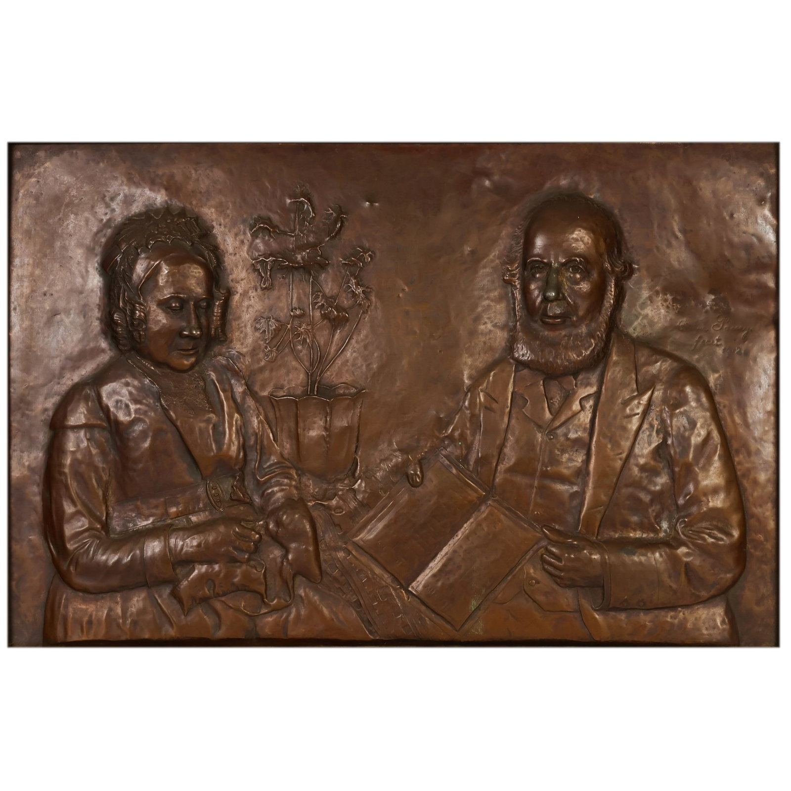 Arthur Passey 20C Hammered Copper Portrait Relief: Arthur Passey (British, active early 20th century), antique repousse copper relief depicting an elderly bearded gentleman and seated woman reading from an open book with a vase of flowers in the backg
