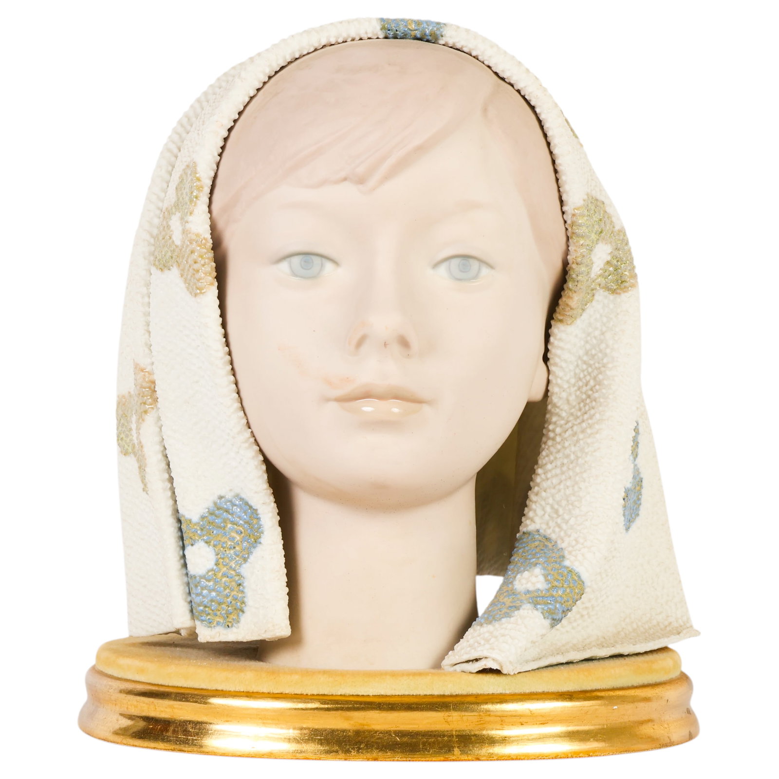 Lladro Porcelain Girls Head Model 1003 Sculpture: Lladro "Girl's Head" Spanish porcelain bust (Model 1003), designed by Fulgencio Garcia, featuring a matte porcelain bust of a young girl wearing a textured white headscarf with blue floral decoration 
